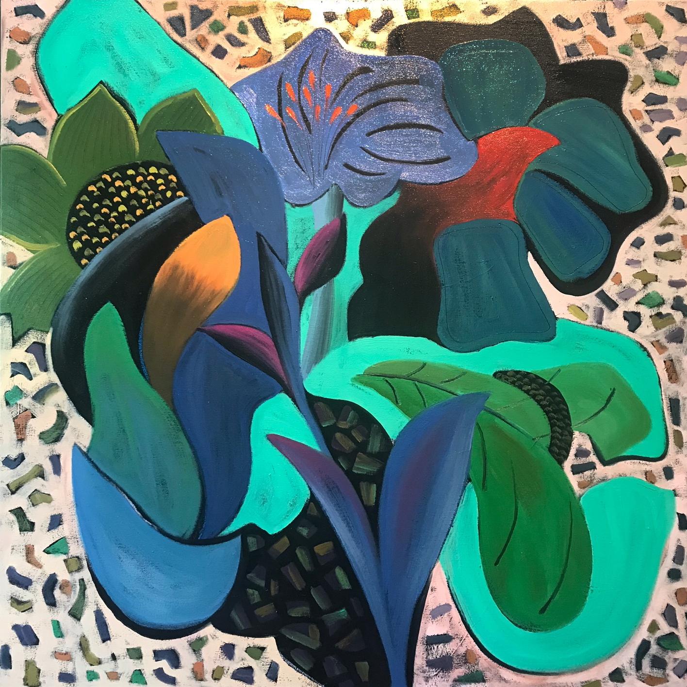 Un fiore, ma invece di un vaso si trova in una giungla. Ricchi rossi si intrecciano tra le grandi foglie verdi e i fiori bianchi, creando un'atmosfera piena per questa giungla tropicale.

Floreale  - Dipinti astratti - Arte contemporanea di Marc