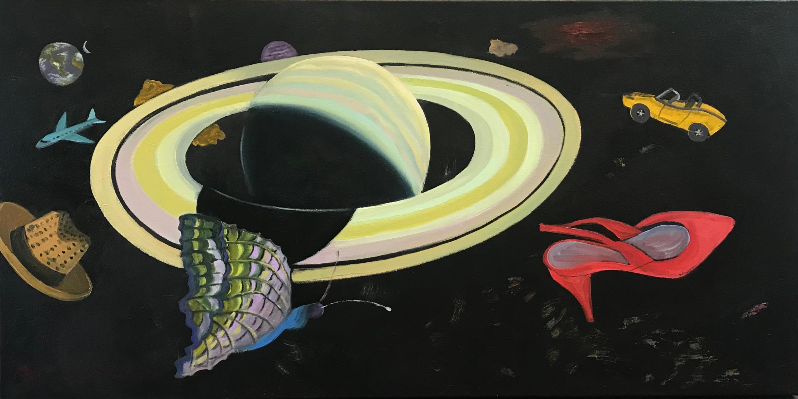 Como se puede ver, algunos objetos del planeta Tierra han sido atraídos hacia la órbita gravitatoria del lejano planeta Saturno. Sigue siendo un misterio cómo ocurrió. 

Gravitación - Pintura figurativa - Óleo sobre lienzo Por Marc Zimmerman

Esta