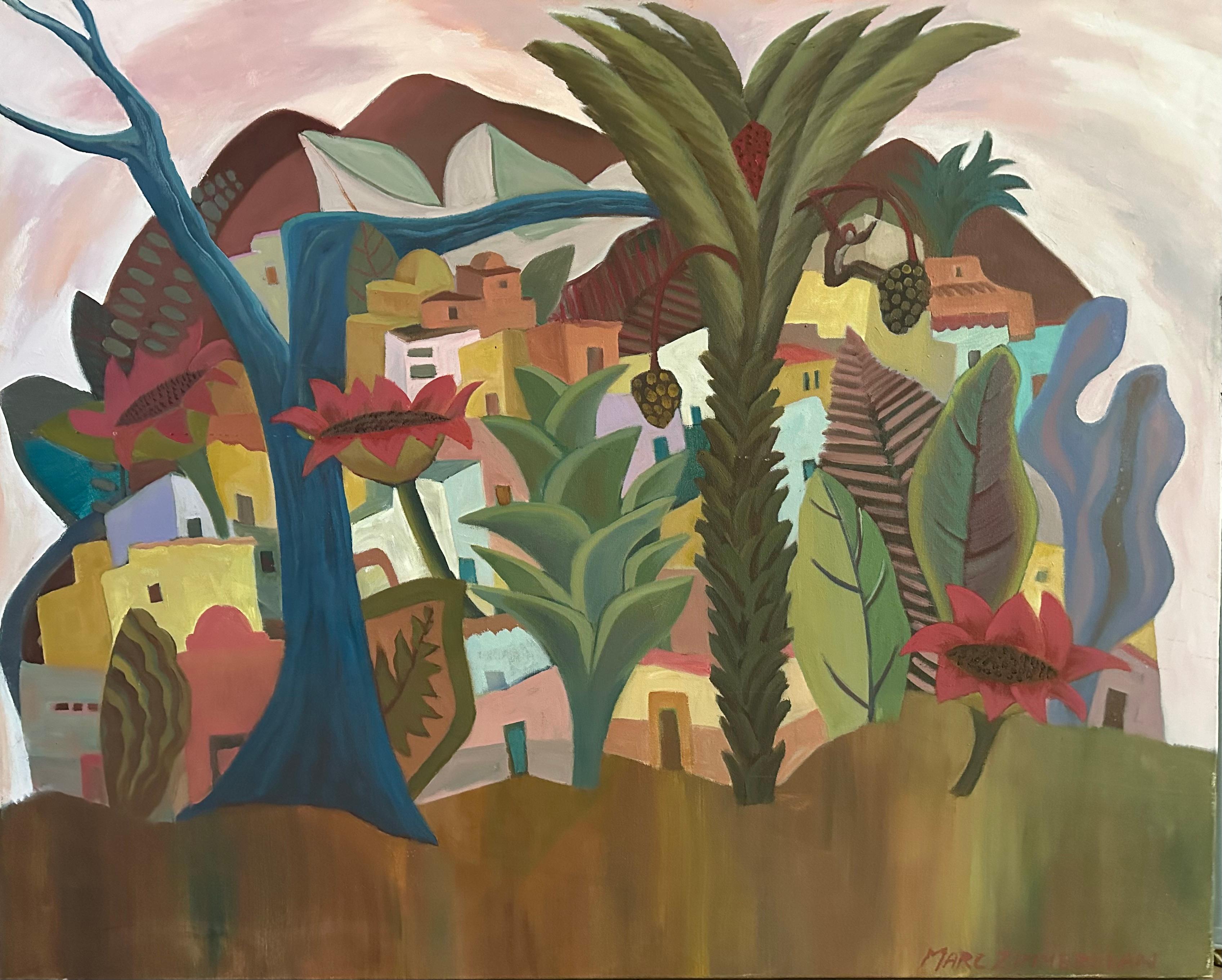 Eine farbenfrohe, geometrische Ansammlung von Gebäuden erklimmt diesen mexikanischen Hügel in diesem verspielten Gemälde

Hilltown – Figurative Malerei – amerikanische moderne Kunst von Marc Zimmerman

Dieses Meisterwerk ist in der Zimmerman
