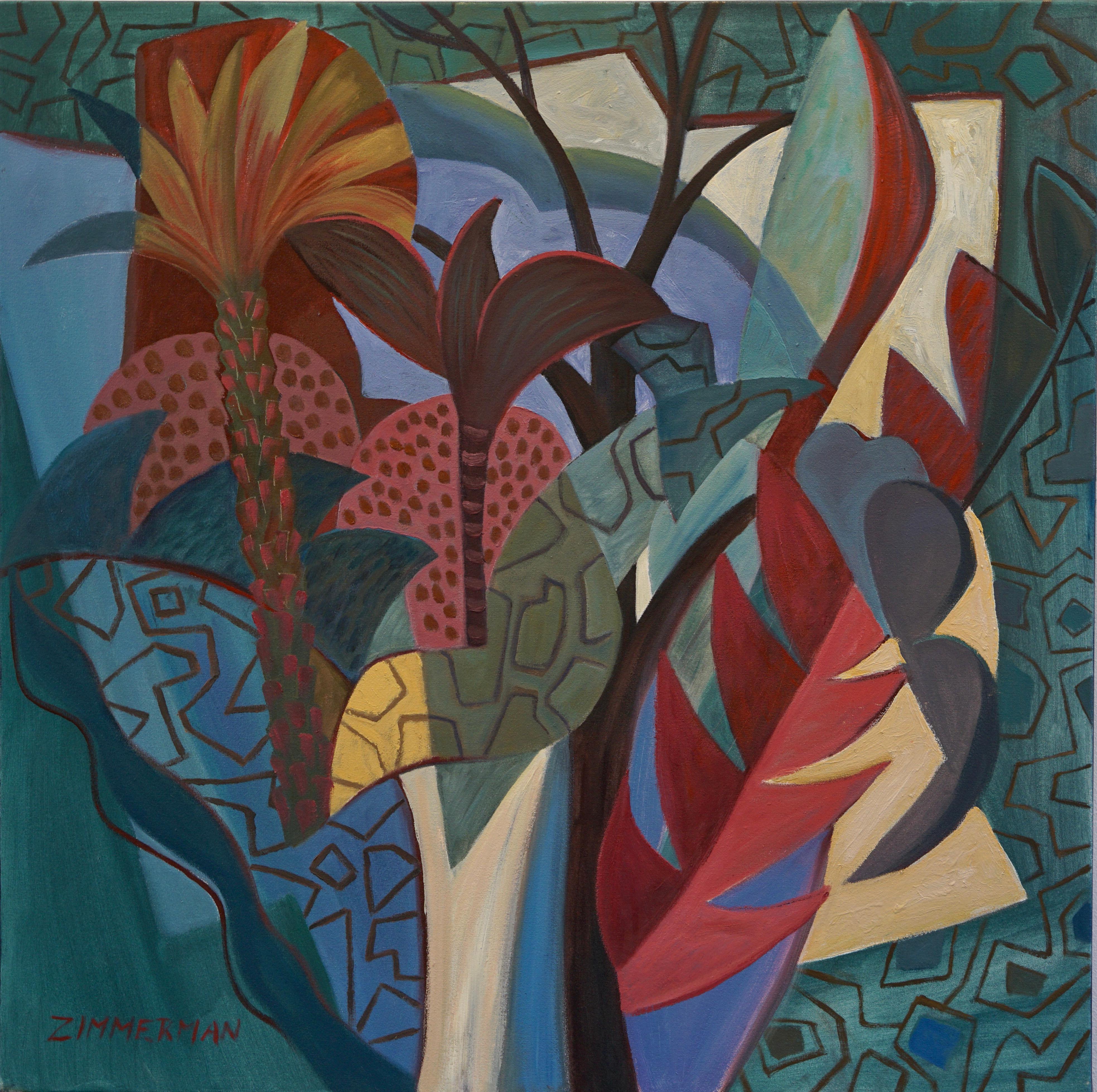  An intuitive simplification and synthesis of the artists endeavors with jungle imagery. Pattern and color prevail over a previously realistic approach. 

Jungle Abstraction - Landscape Painting - Oil on Canvas By Marc Zimmerman

This masterpiece is