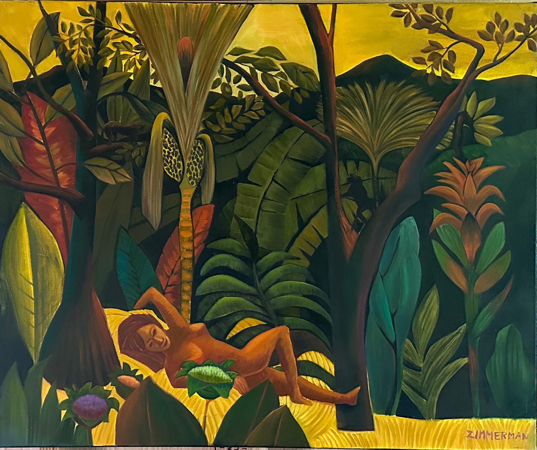 Jungling Escape - Pittura di paesaggio - Arte moderna americana Di Marc Zimmerman

Questo quadro esotico della giungla raffigura una donna sola che si gode la sua solitudine in mezzo allo splendore tropicale. La fauna vegetale è piuttosto inventiva,