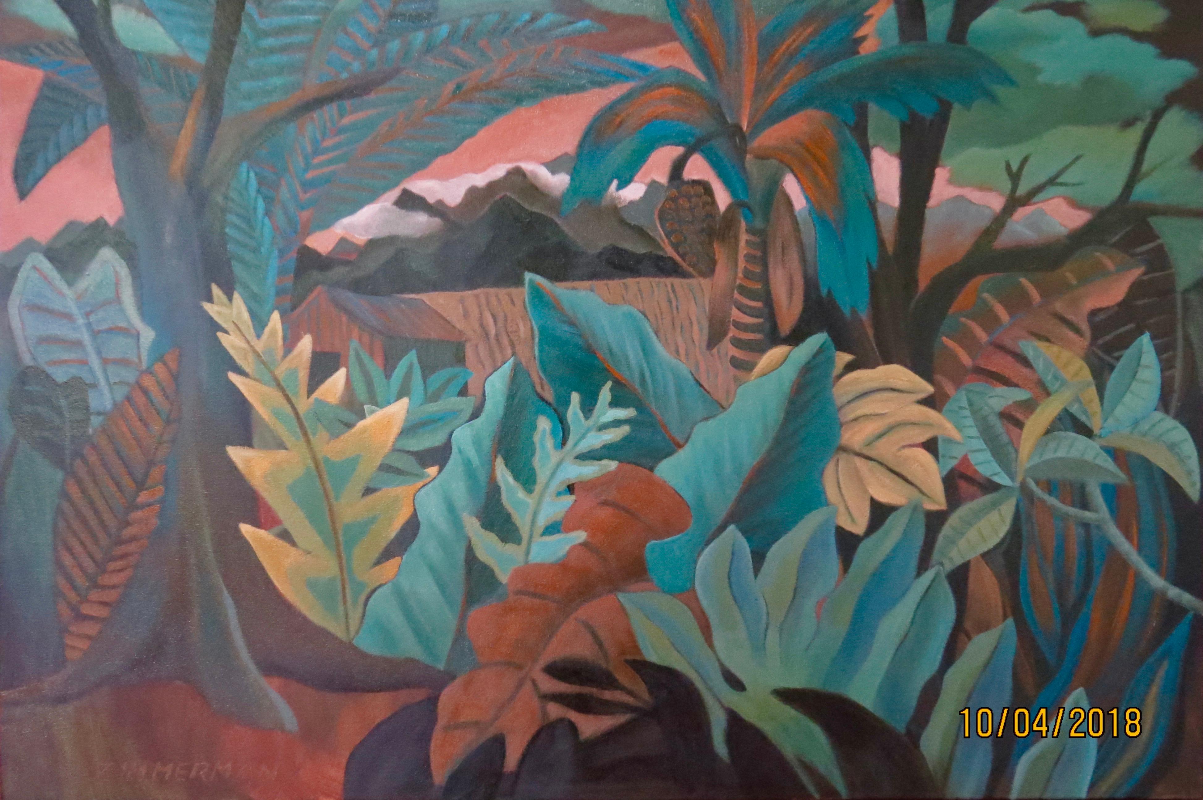 The flow of botanical splendor bursts in lavish color in the foreground while the palms and trees open the view to distant mountains in this tropical painting.

Jungle Fantasy #2 -  Landscape Painting - Oil on Canvas By Marc Zimmerman 

Marc