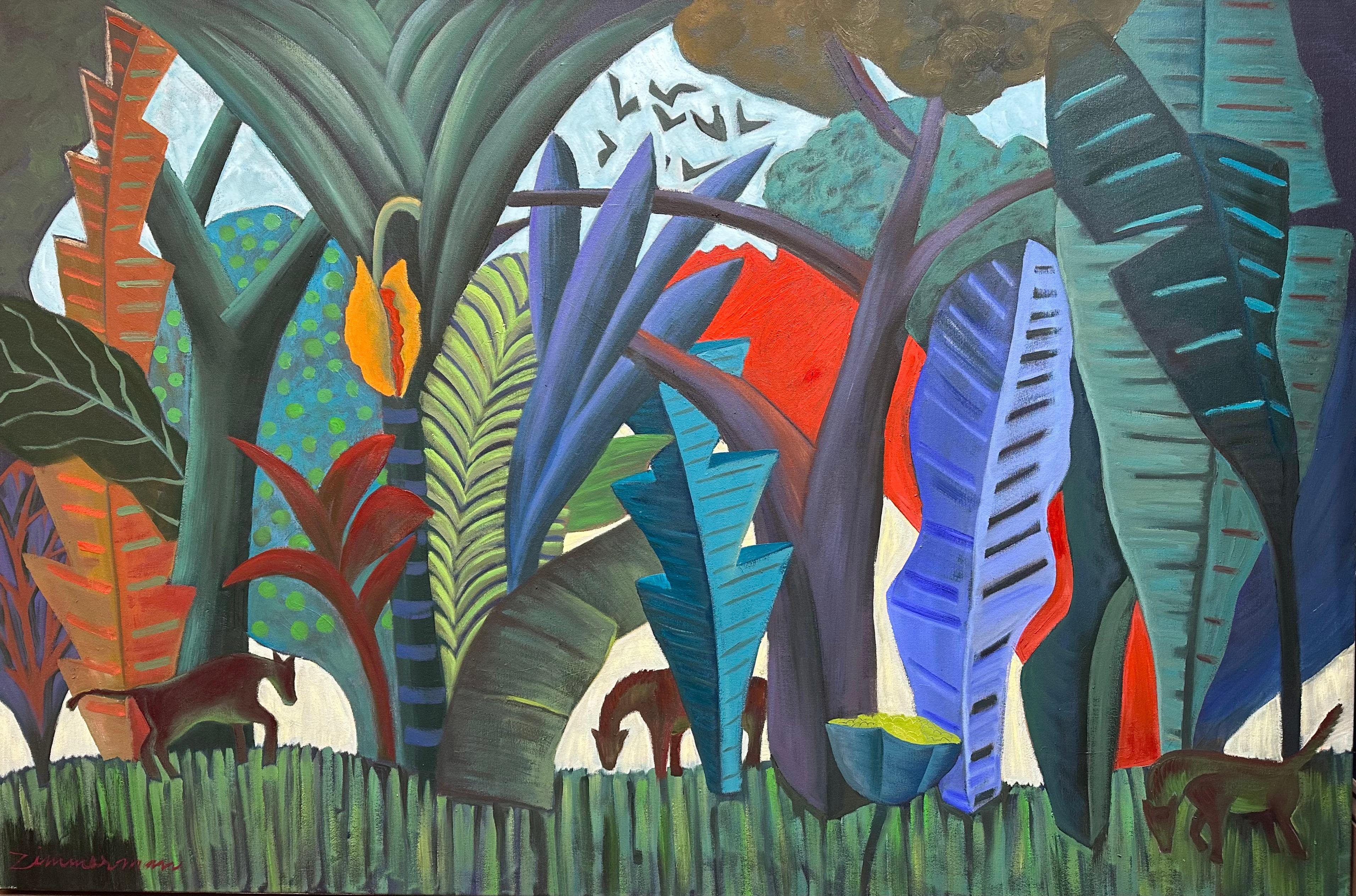 Jungle Rhapsody by Marc Zimmerman
Bold color and sweeping form create a jungle setting where the artist assigns strong color and tonal contrasts. The design leans towards cubism where clean line and form merge in a tropical haven where the animals