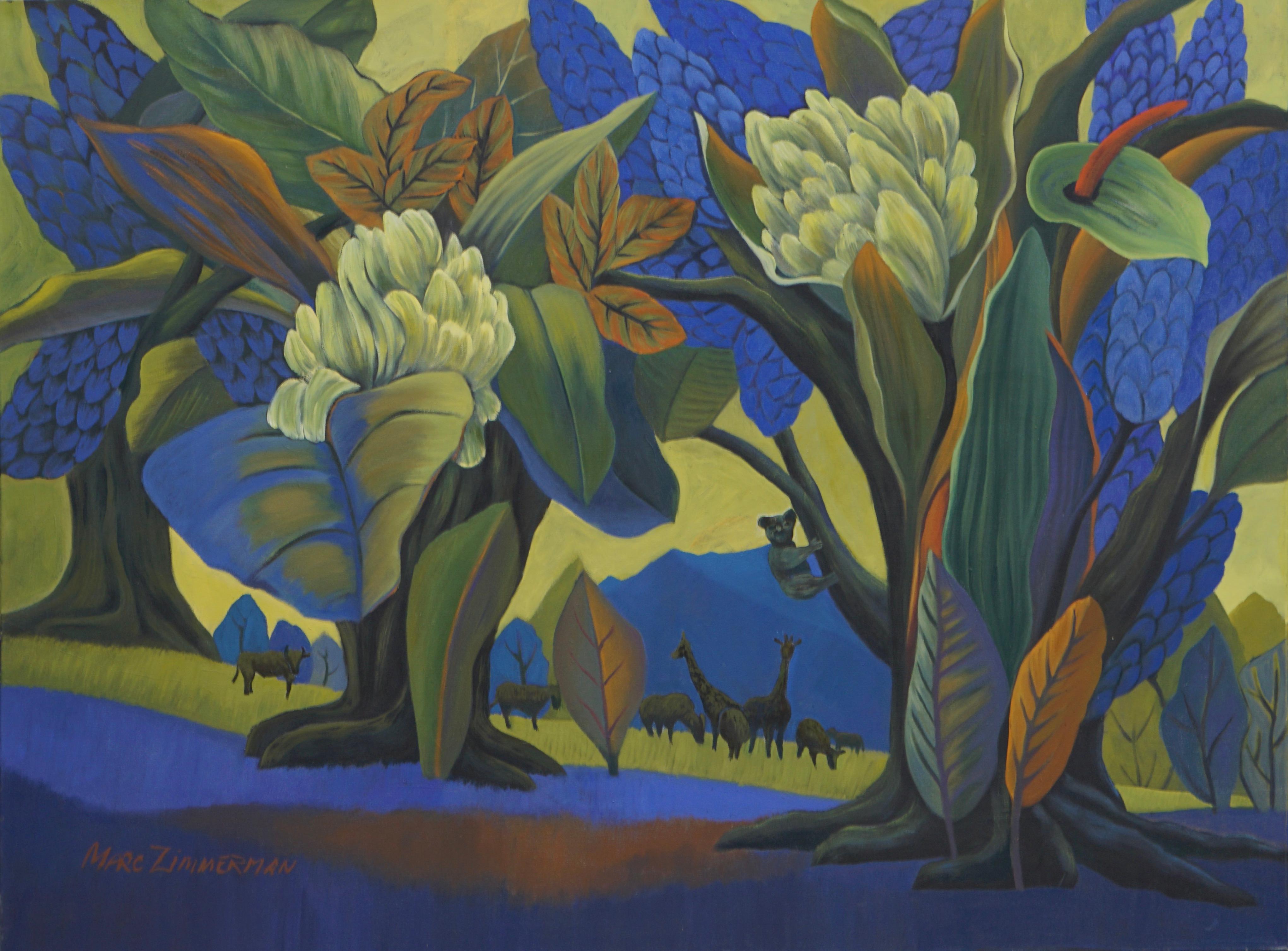 In an abstract forest meadow exotic animals contentedly graze. The trees are lush with inventive surreal flowers and leaves.

Landscape in Blue - Animal Paintings - Conceptual Art By Marc Zimmerman

This masterpiece is exhibited in the Zimmerman
