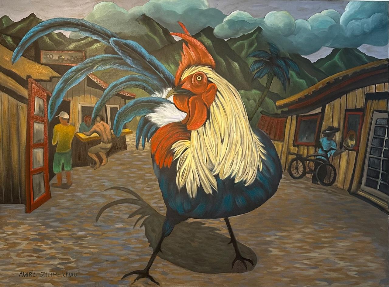Make My Day - Chicken Rooster Painting by Marc Zimmerman

He stands there, blocking all who dare challenge him in their pursuit to get by. This heroic cock, Charlie, the great intimidator of the shopping center at Chin Young Village.

This