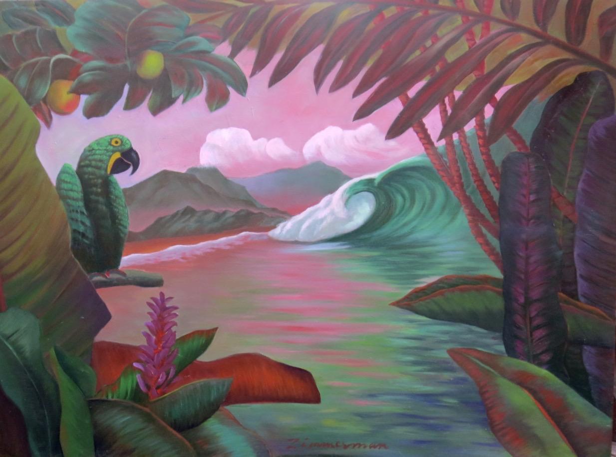 An ideal tropical surf sanctuary in the jungle with parrot watching on. Surfing was one of the artists past times.

Memoirs of Costa Rica - Landscape Paintings - Contemporary Art By Marc Zimmerman

This masterpiece is exhibited in the Zimmerman