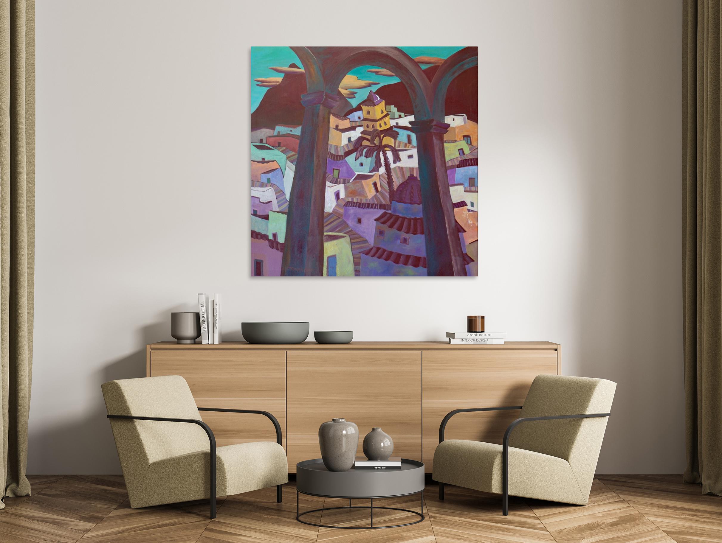 Large Mexican abstract village framed in with arches. Colors are an array of soft pastels and the village undulates in a gentle soothing rhythm.

Mexican Village With Arch - Landscape Painting - Abstract Geometric by Marc Zimmerman

This masterpiece