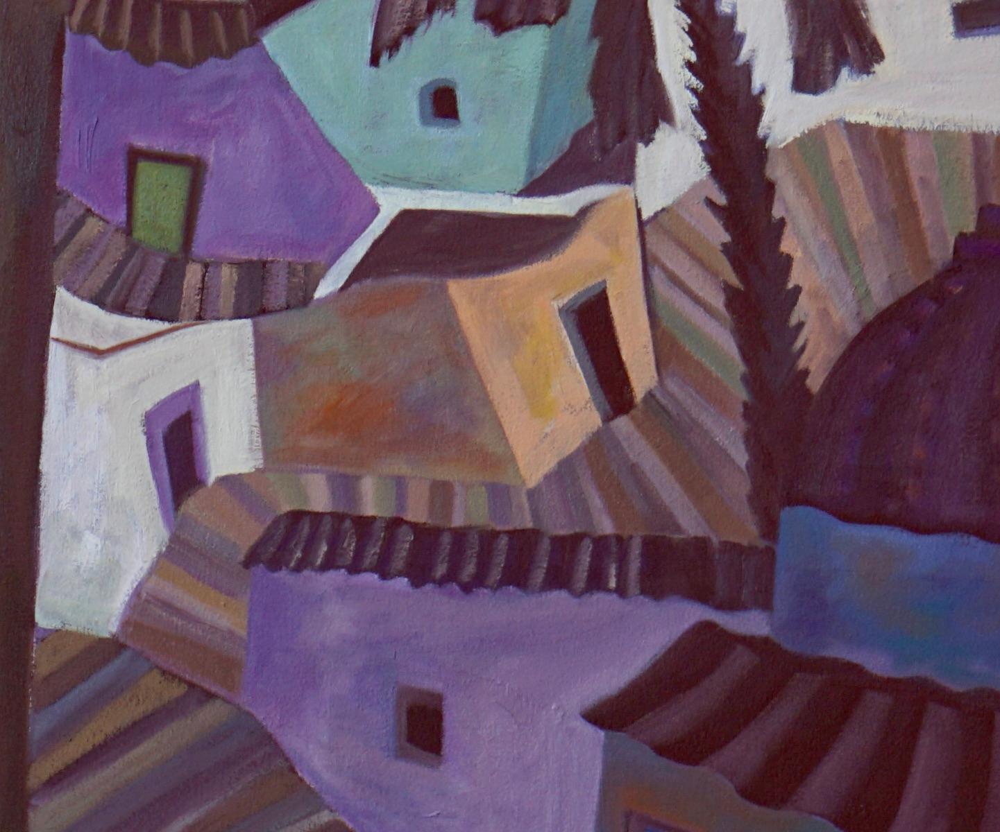 Pueblo mexicano con arco - Pintura de paisaje  por Marc - Landscape Painting Gris de Marc Zimmerman