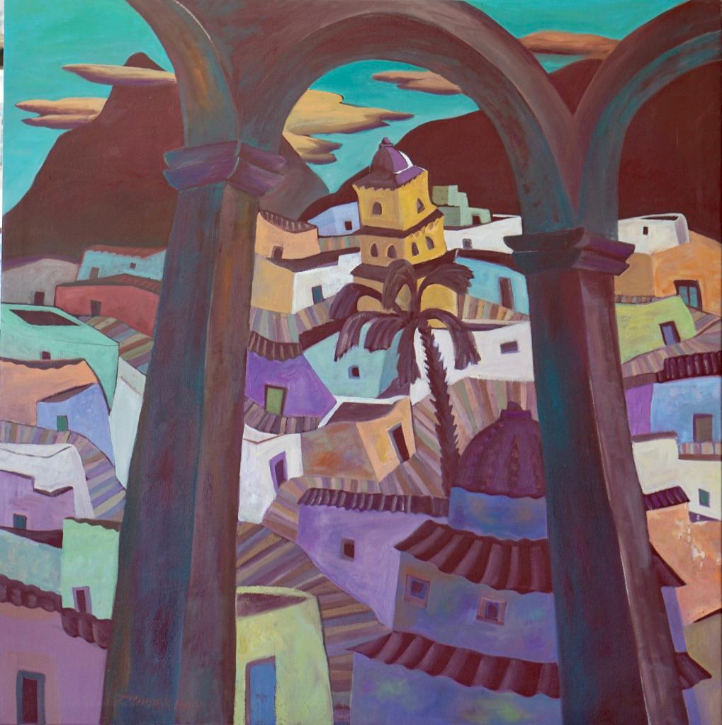 Marc Zimmerman Abstract Painting - Mexican Village With Arch - Landscape Painting  by Marc 