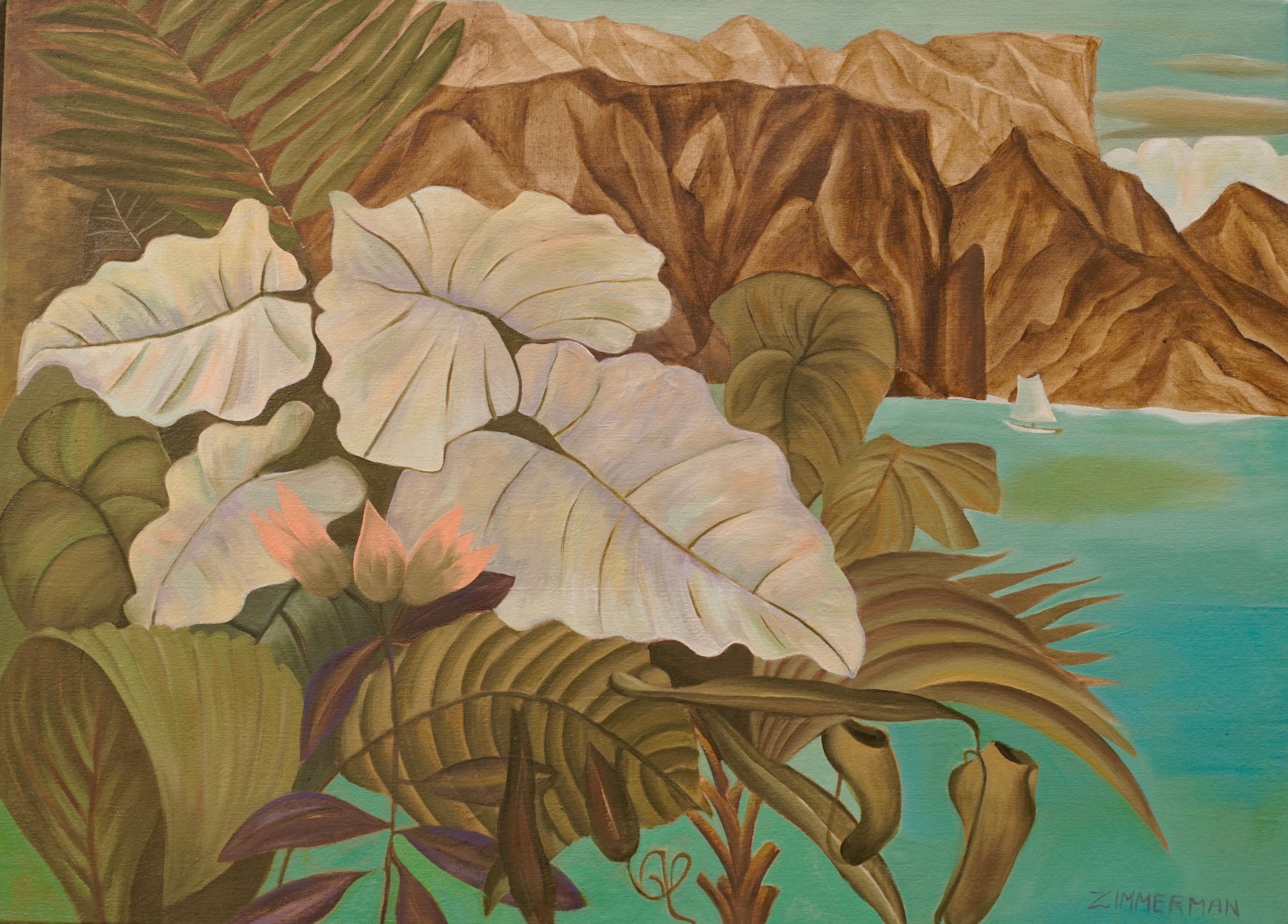 A turquoise sea sets off this tropical landscape of earthy colors of ocher and olive green.  Pastel peach flowers accent an otherwise subtle color palette.

'Napali' - Landscape Painting - Oil on Canvas By Marc Zimmerman

This masterpiece is