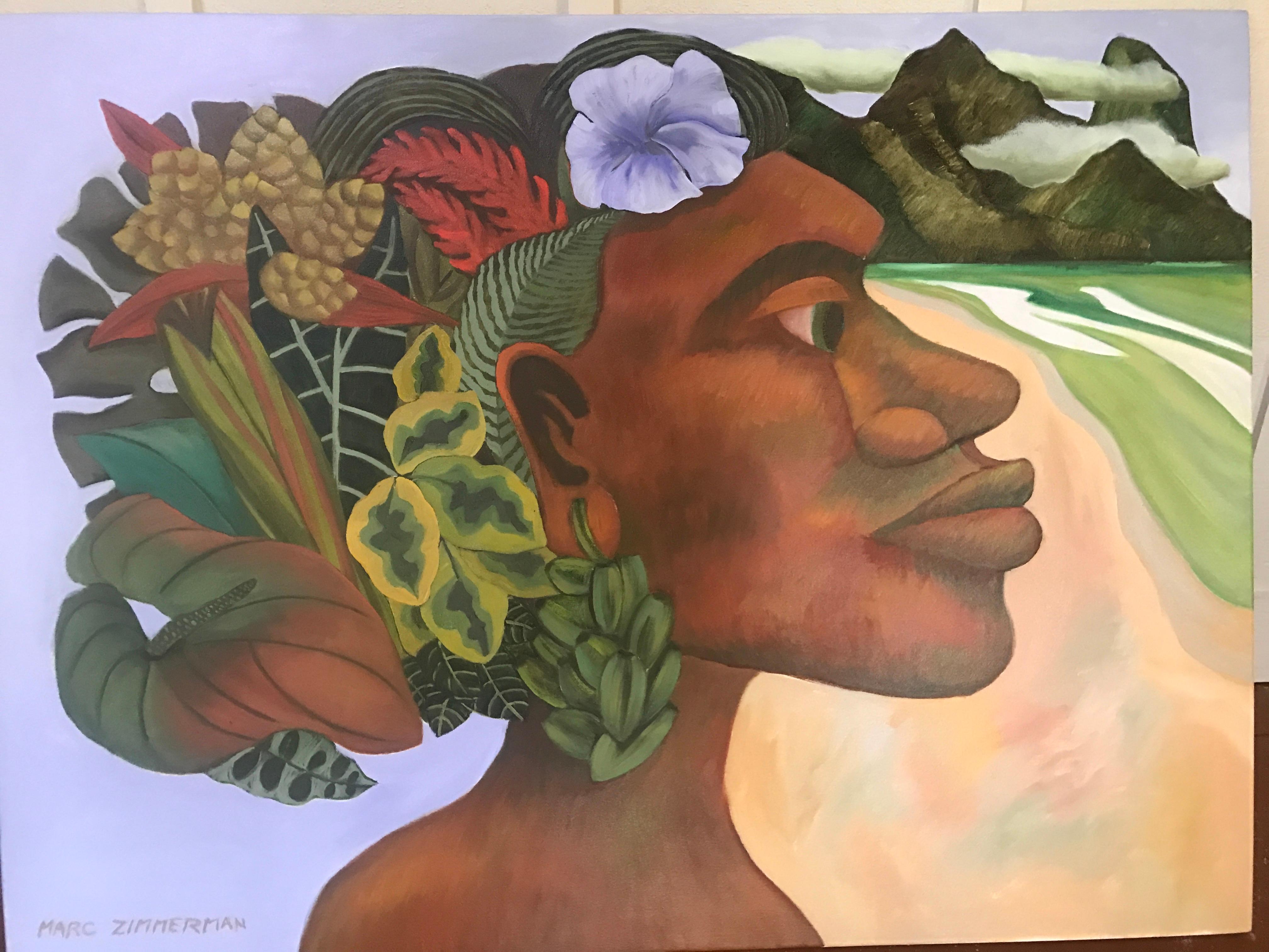 Portrait of a Native Polynesian woman poses with a tropical headdress of flowers and leaves. She watches the surf crashing on the beach on her beloved island. A matching ( male) painting is on this site.

Native ( f) - Portrait Paintings -