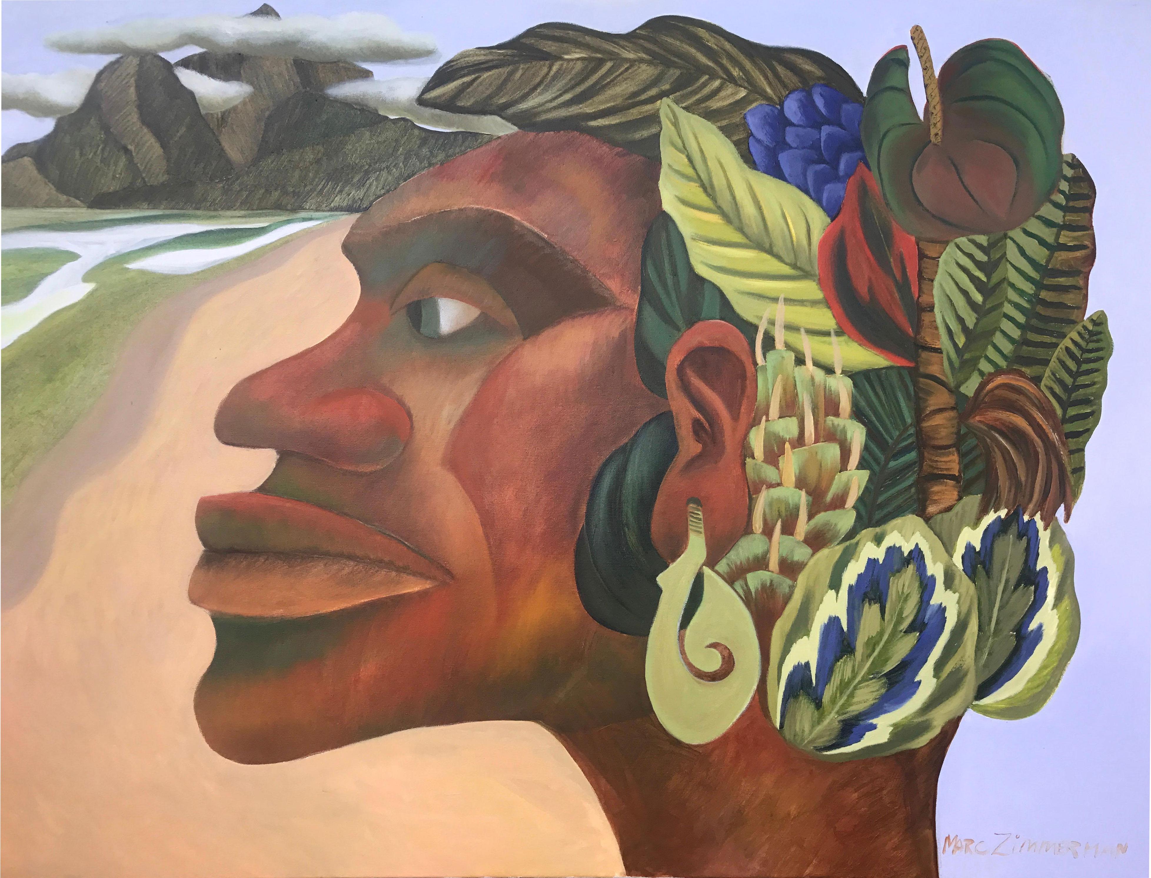 Portrait of a Polynesian poses with with a tropical headdress of exotic leaves. This painting has a female mate if you choose. they look fabulous together.

Native (male version) - Portrait Paintings - Conceptual Art By Marc Zimmerman

This