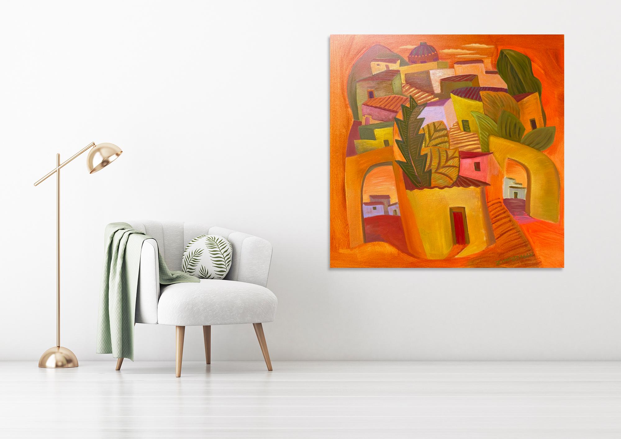 Orange Village - Peinture de paysage urbain par Marc Zimmerman en vente 1