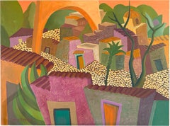 Pastellfarbenes Dorf – Stadtlandschaftsgemälde – Öl auf Leinwand von Marc Zimmerman