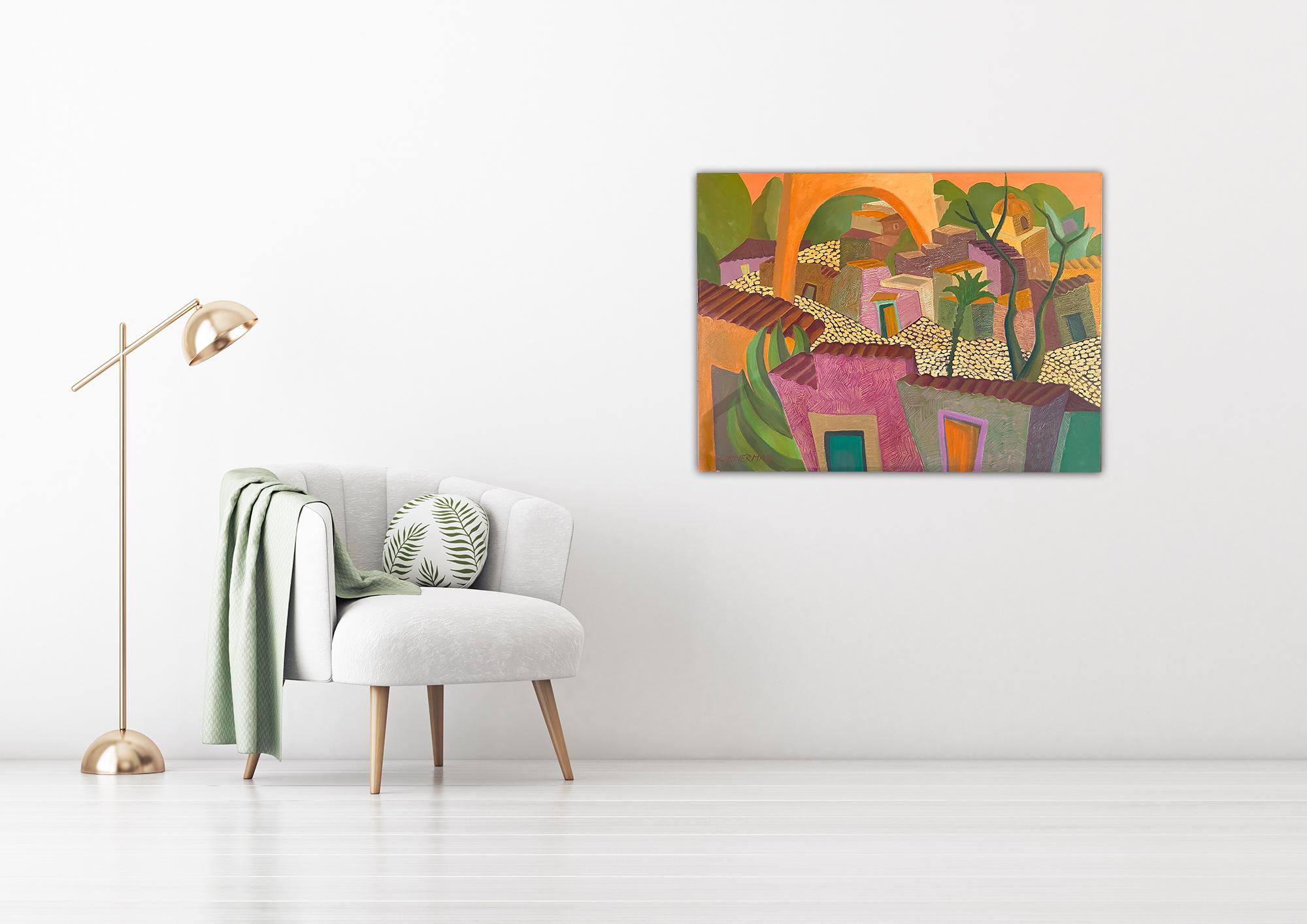 Pastel Village - Urbanscape Painting - Oil on Canvas By Marc Zimmerman For Sale 1