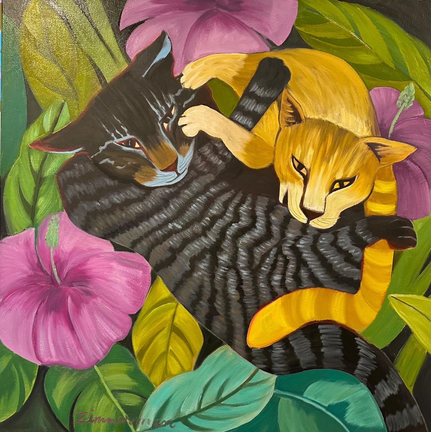 'Paws in Play' is a cheerful and lively painting that captures the playful and curious nature of cats in a beautiful setting.

'Paws in Play' adds a touch of whimsy and color to any room, while also creating a fun and inviting atmosphere that
