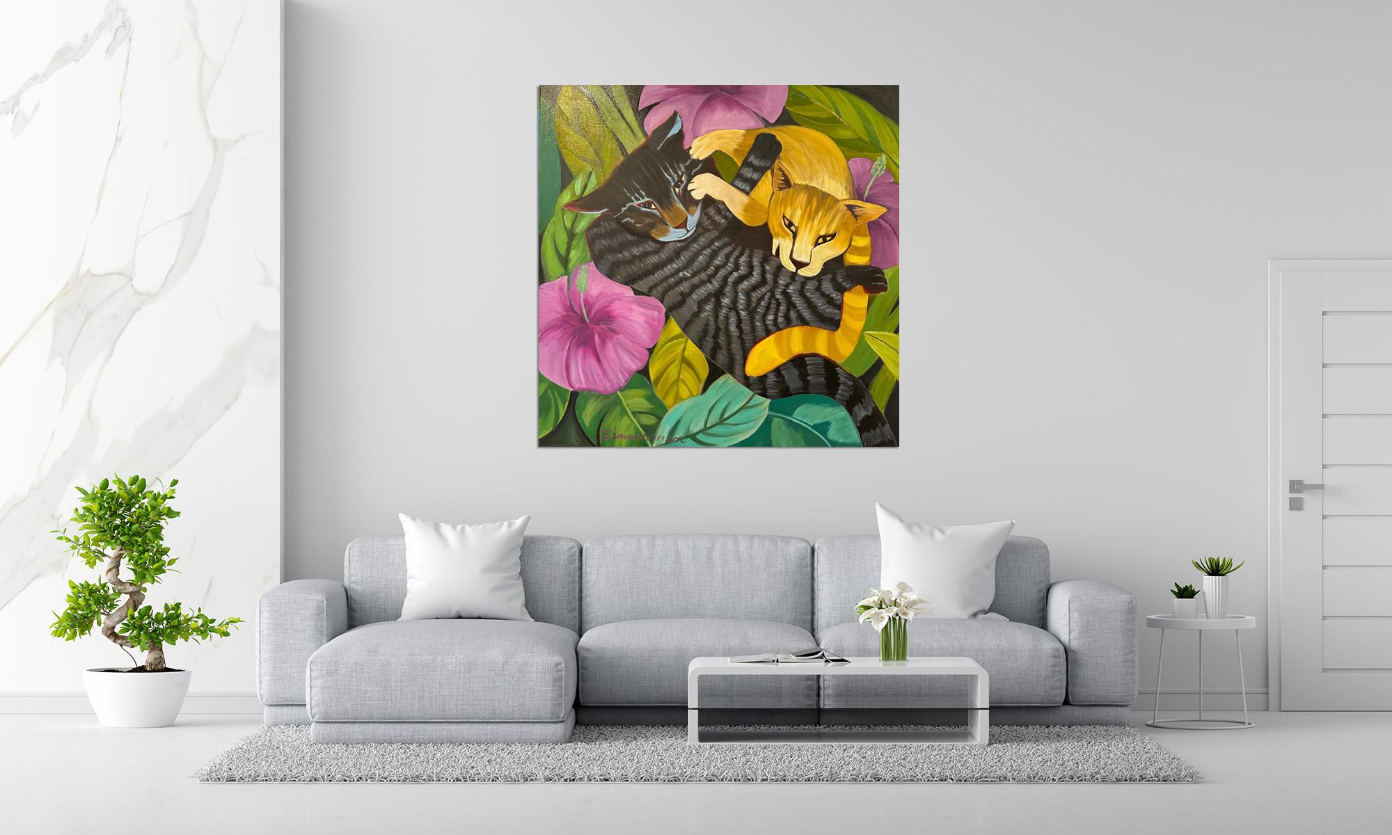 Paws in Play - Animal Cats Painting By Marc Zimmerman man en vente 1
