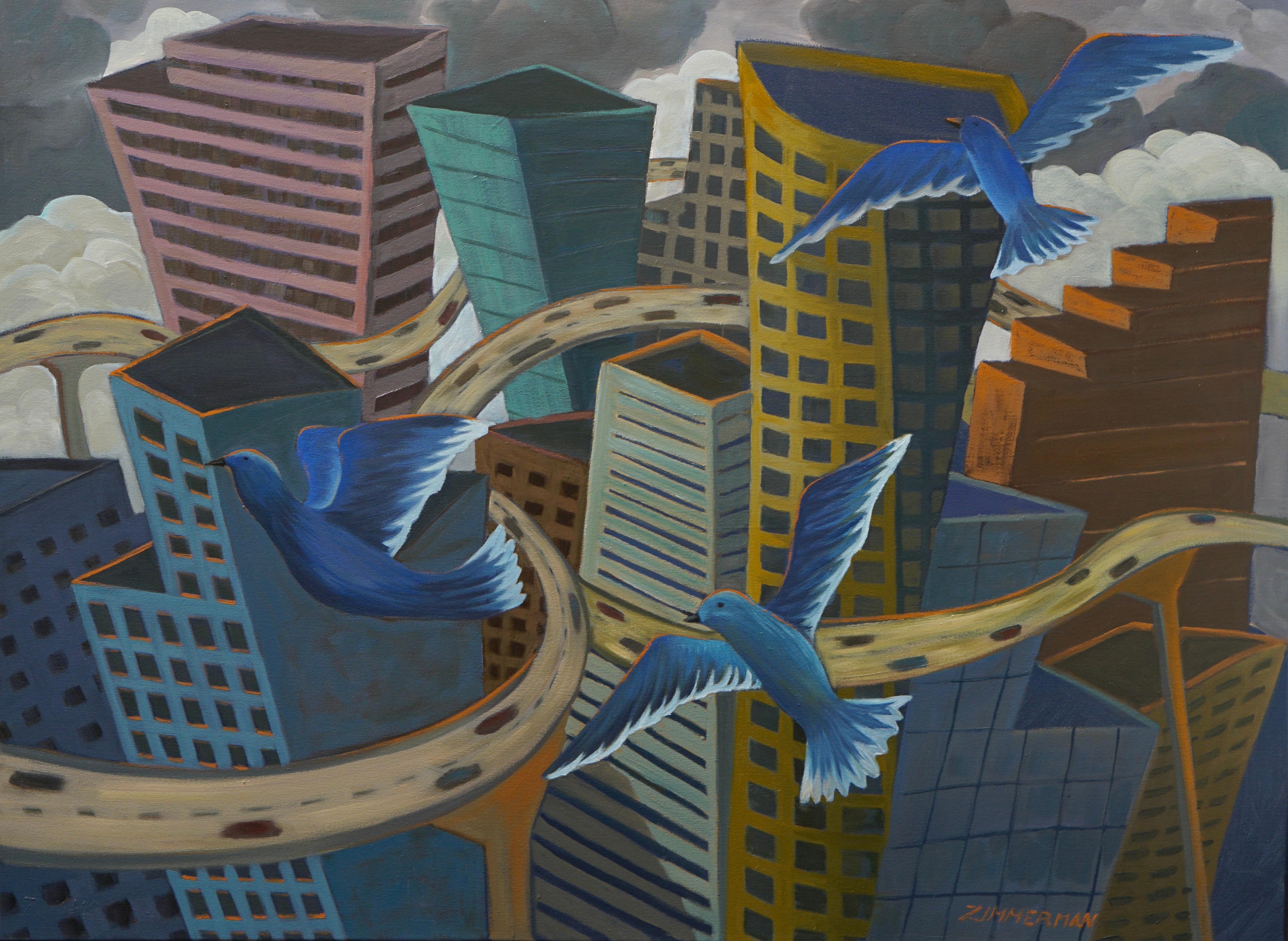 Ascending and soaring blue birds give rhythm and grace to the city. This is an artists memory of the city of Portland emphasizing the river and bridges.

'Peace Blessings Portland' -Landscape Painting - Oil on Canvas By Marc Zimmerman

This