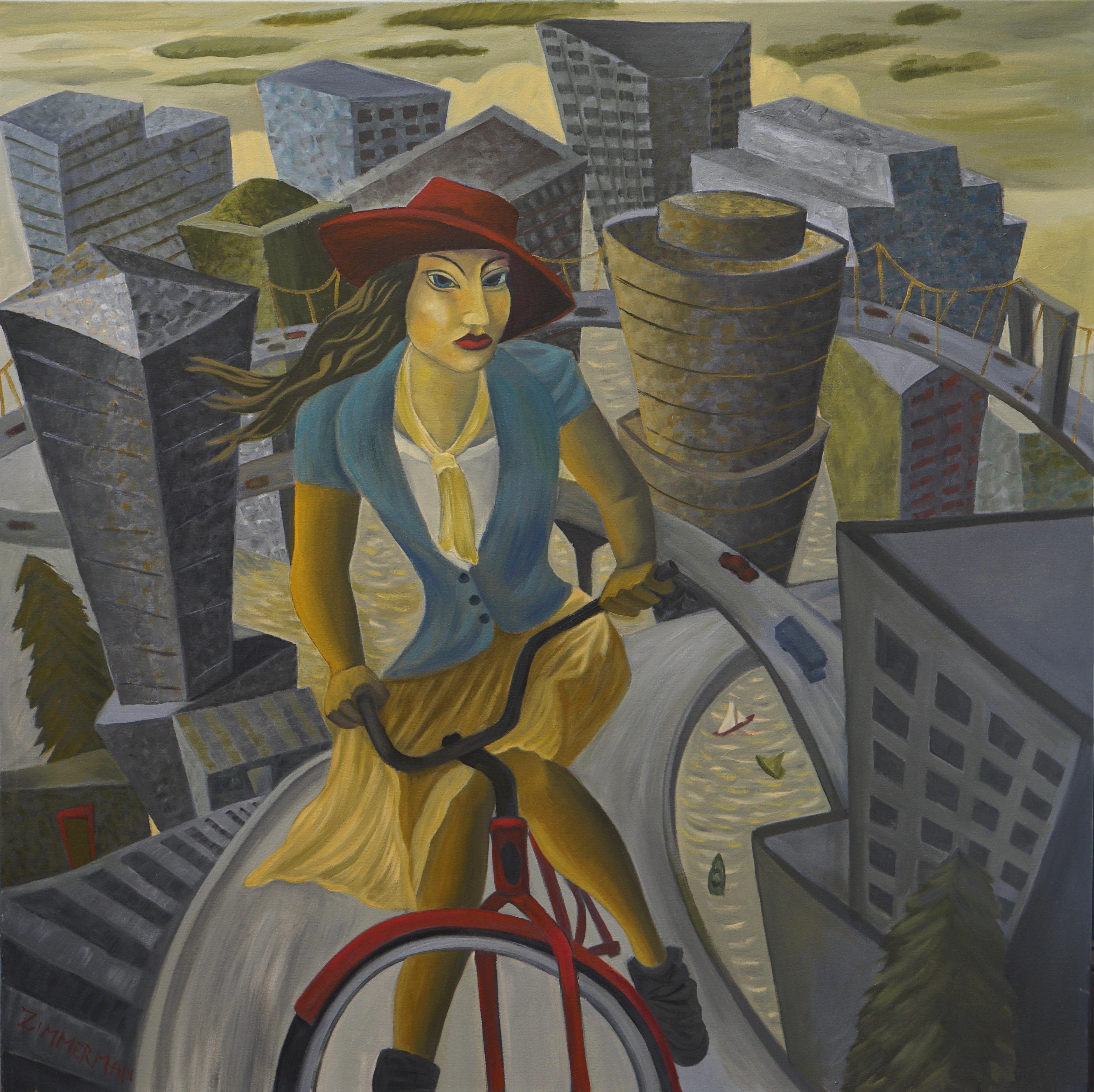 Ein kubistisches, verspieltes Stadtbild von Portland mit seinen berühmten Brücken, die den Fluss überqueren, bildet die Kulisse für diese Bikerin in Vintage-Kleidung und mit rotem Hut. 

Portland's Finest: Viva la Fem –  Figuratives Gemälde von Marc