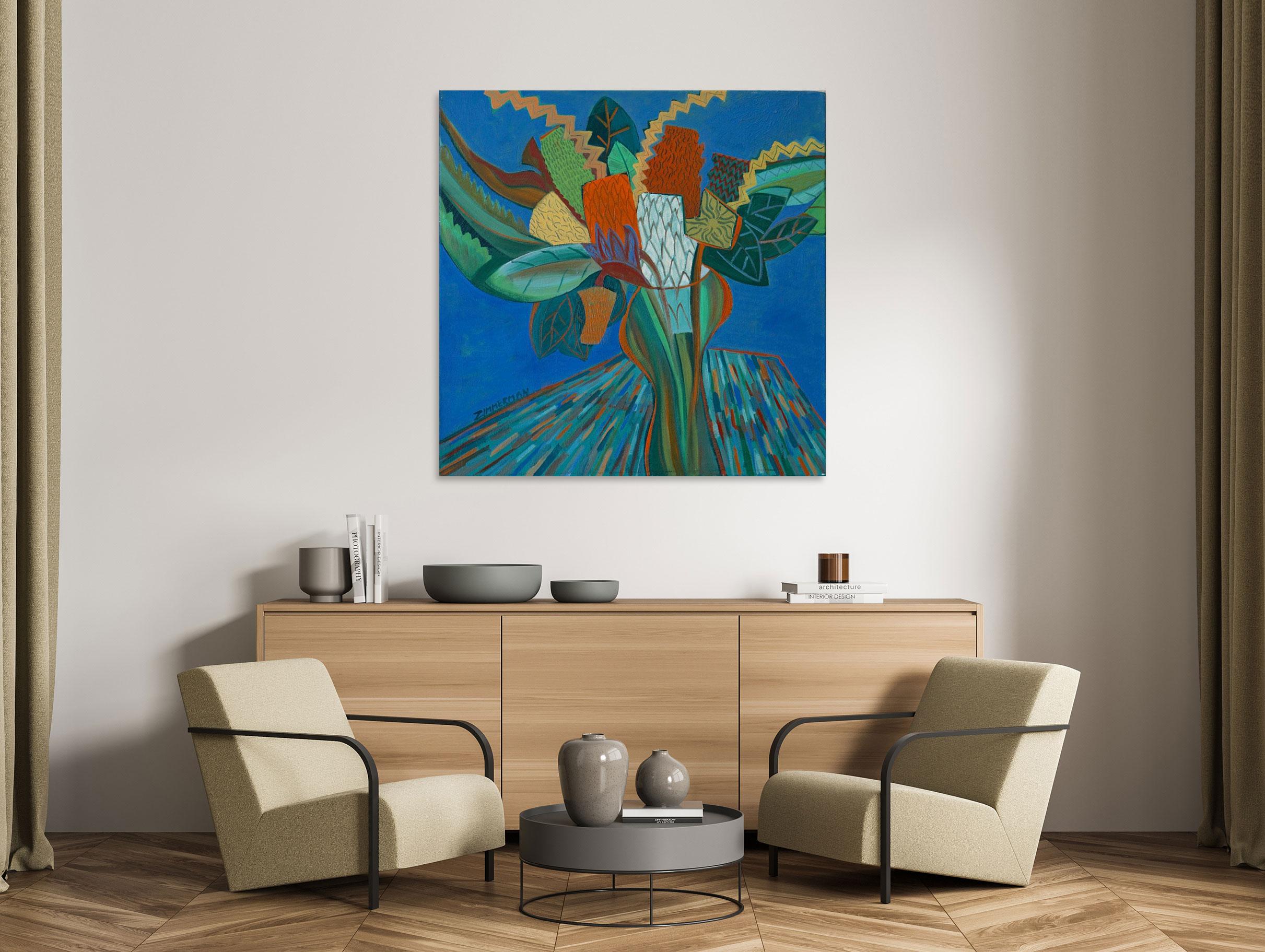 Proteas on Blue - Landscape Painting - Abstract Geometric Art By Marc Zimmerman For Sale 1