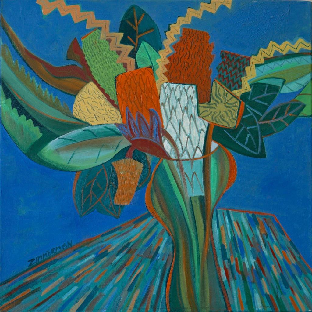 Geometrical floral forms with saturated color and texture informs this energetic, abstracted, cubistic vase of proteas.

Proteas on Blue - Landscape Paintings - Abstract Geometric Art By Marc Zimmerman

This masterpiece is exhibited in the Zimmerman