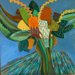 Proteas on Blue - Landscape Painting - Abstract Geometric Art By Marc Zimmerman