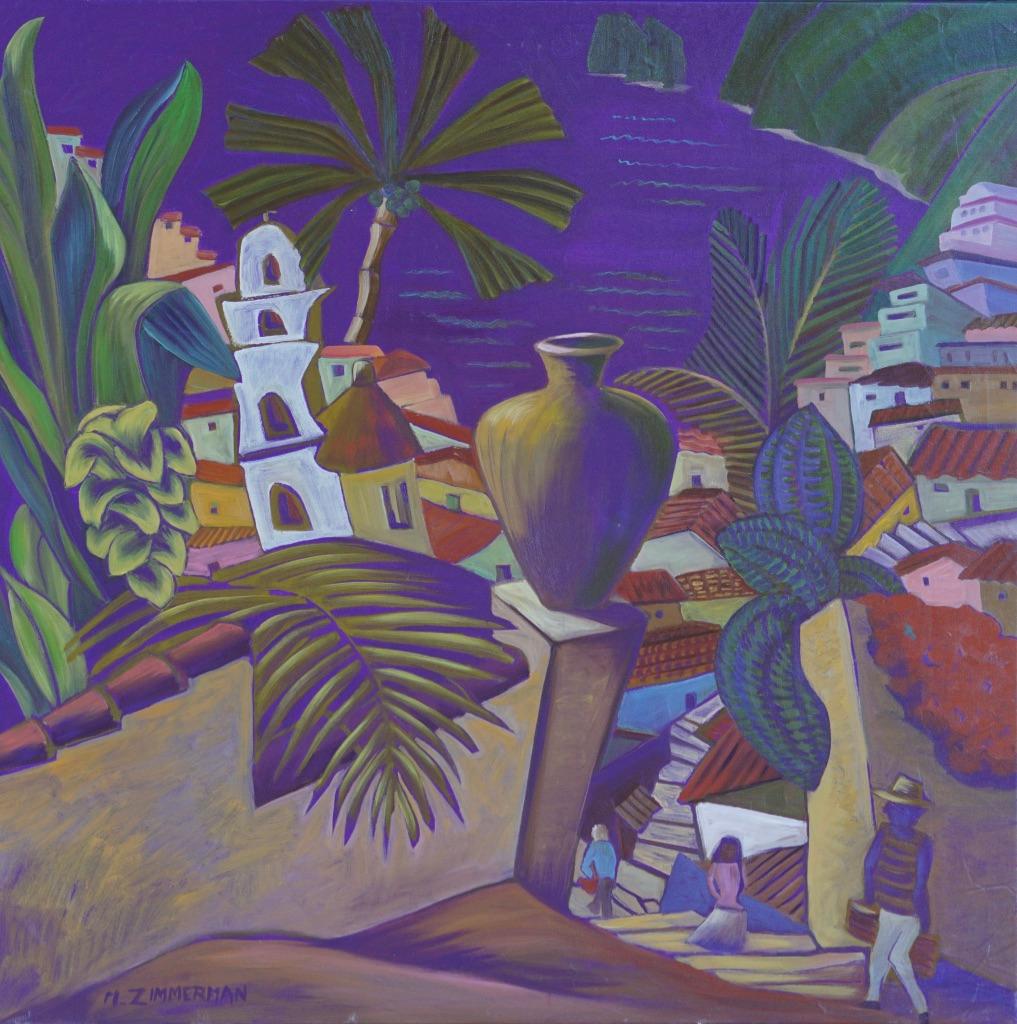 A laid back Mexican village where life is easy and nothing happens, except I hear the fish tacos are Muy Buena!

Purple village - Landscape Paintings - American Modern Art By Marc Zimmerman 

This masterpiece is exhibited in the Zimmerman Gallery,