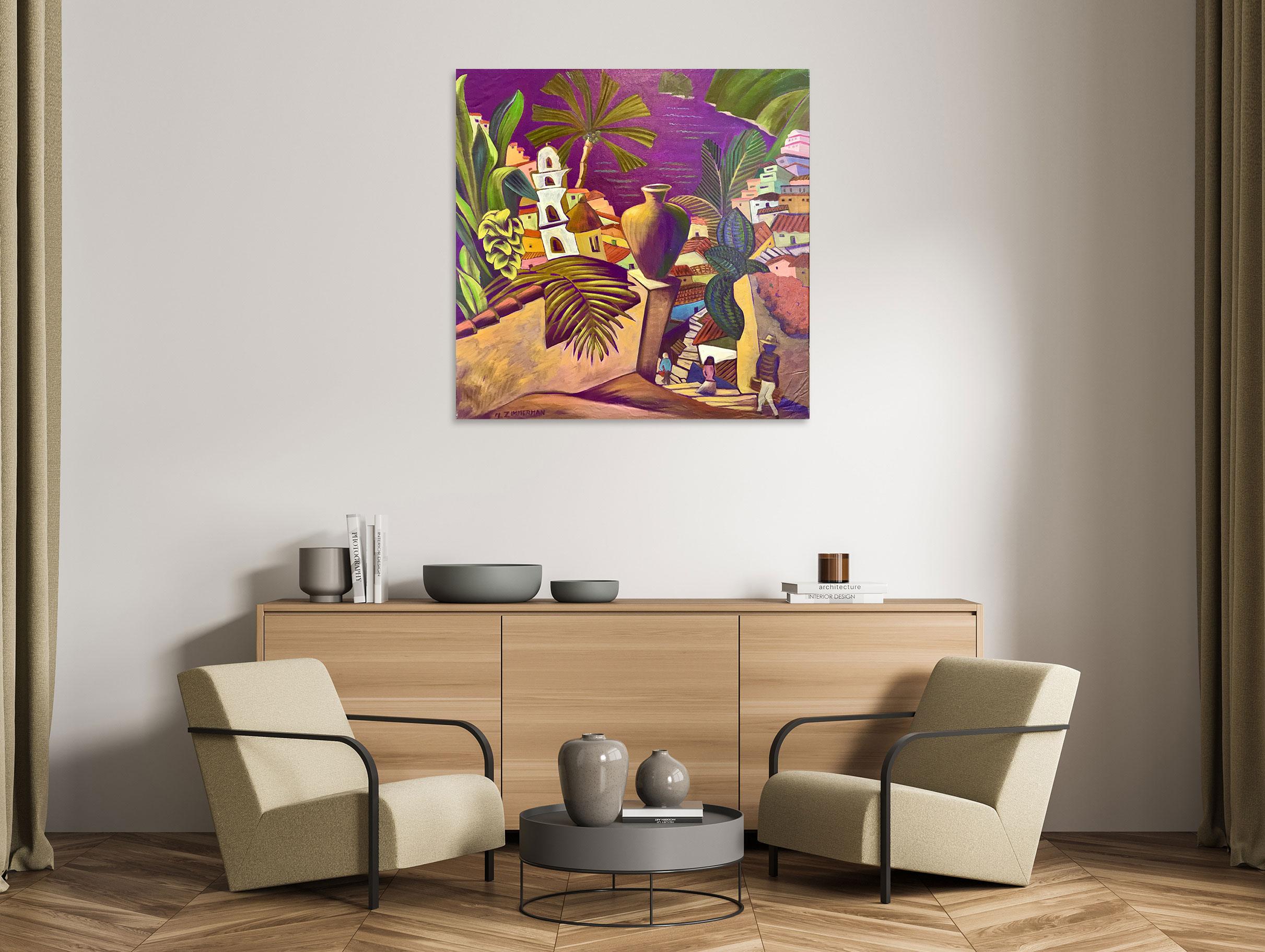 Villaggio viola - Pittura di paesaggio - Olio su tela di Marc Zimmerman in vendita 1