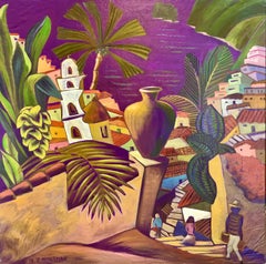Retro Purple Village - Landscape Painting - Oil on Canvas By Marc Zimmerman