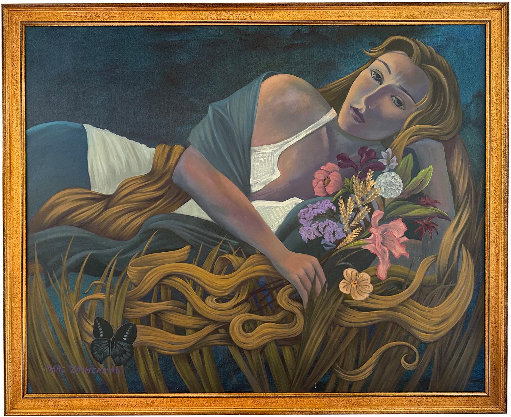 Sie stützt sich auf ihren Ellbogen und betrachtet das Universum, Haare und Blumen weben hier und dort. 

"Rapunzel",  wird ausgestellt in der Zimmerman Gallery, Carmel, CA


Marc Zimmerman schafft verspielte Gemälde, ob tiefgründiger,