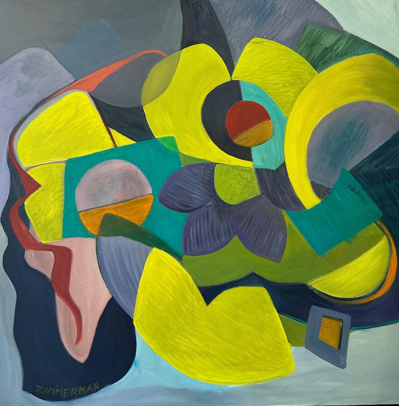 Rearranging - Abstract by Marc  Zimmerman Carmel CA.
Semigeometric floral shapes overlap each other in hues of yellow an mauve.A few accents of warm color bring a spark to the composition

Marc Zimmerman creates playful paintings, whether deep