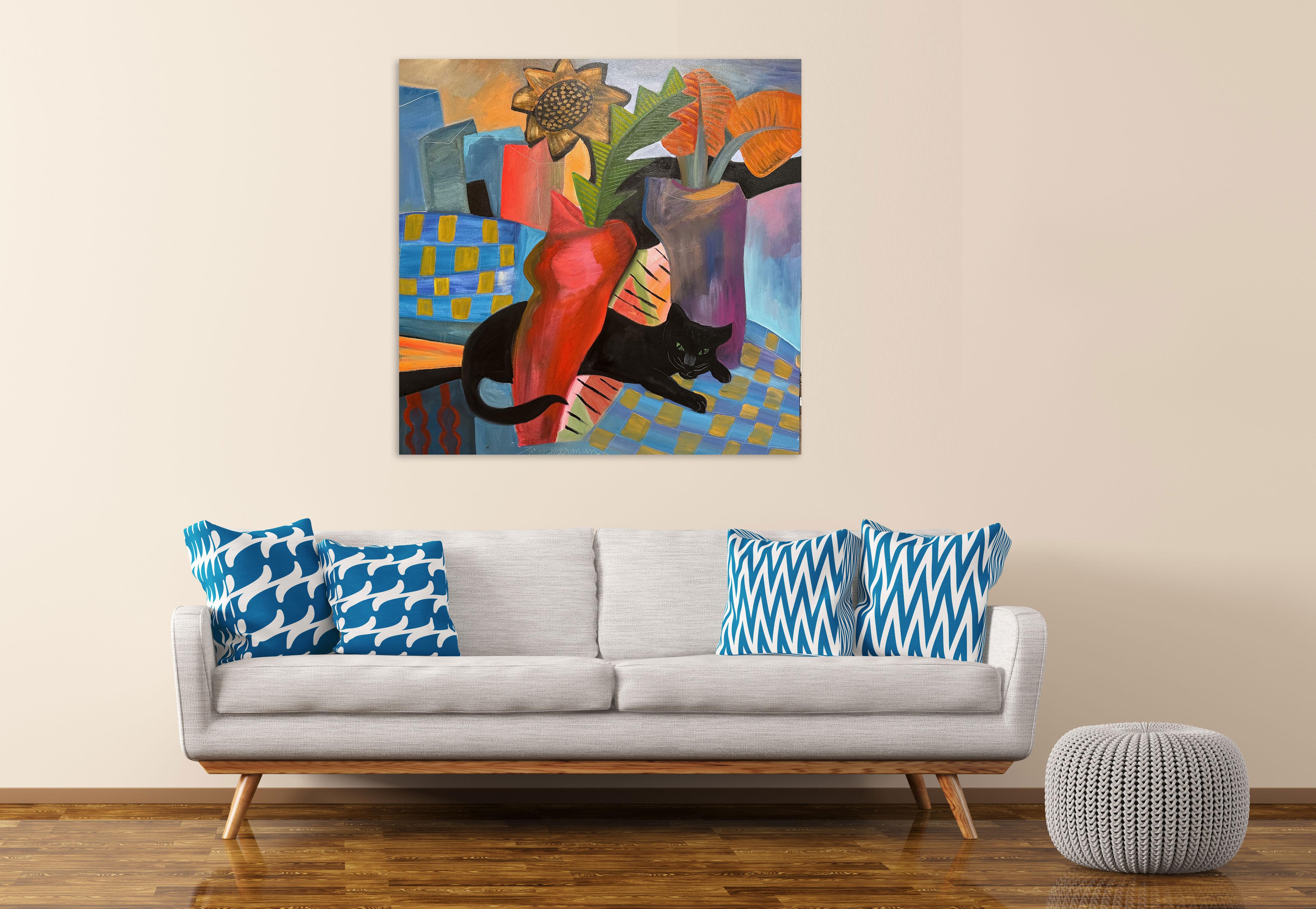 Red Vase Black Cat - Animal Still-Life Painting By Marc Zimmerman For Sale 1