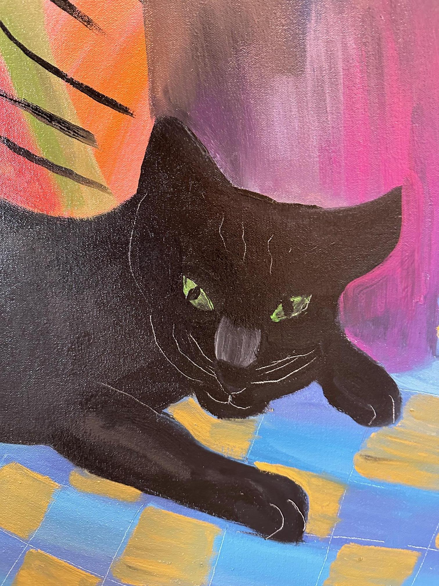 Rote Vase mit schwarzer Katze – Tier-Stilllebengemälde von Marc Zimmerman im Angebot 2