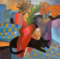 Rote Vase mit schwarzer Katze – Tier-Stilllebengemälde von Marc Zimmerman