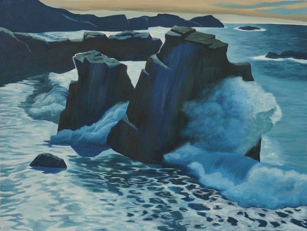 The blue gray minimal palette emphasizes the power of thundering surf as it crashes against the huge rock stacks along the Big Sur coast. 

Sobranes Big Sur - Landscape Paintings - Contemporary Art By Marc Zimmerman

This masterpiece is exhibited in