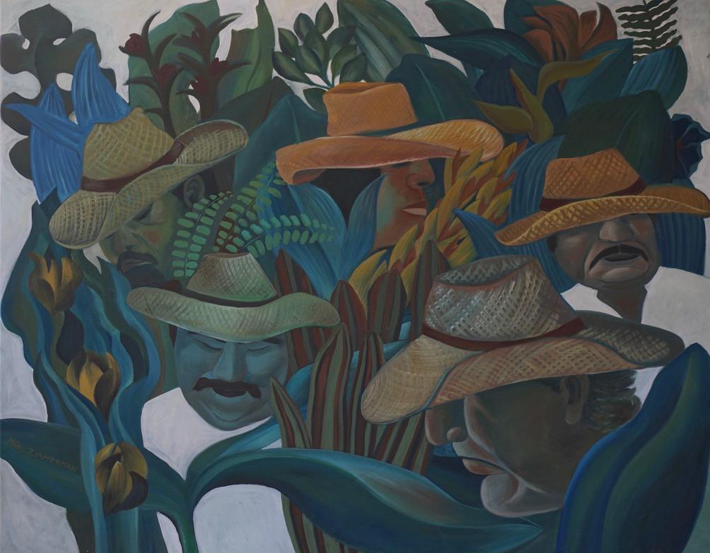 Sombreros float above the jungle flora with characters under them;  some real and some invented, however one is a self portrait of the artist ( lower right)

Sombreros - Figurative Painting - Contemporary Art By Marc Zimmerman

This masterpiece is