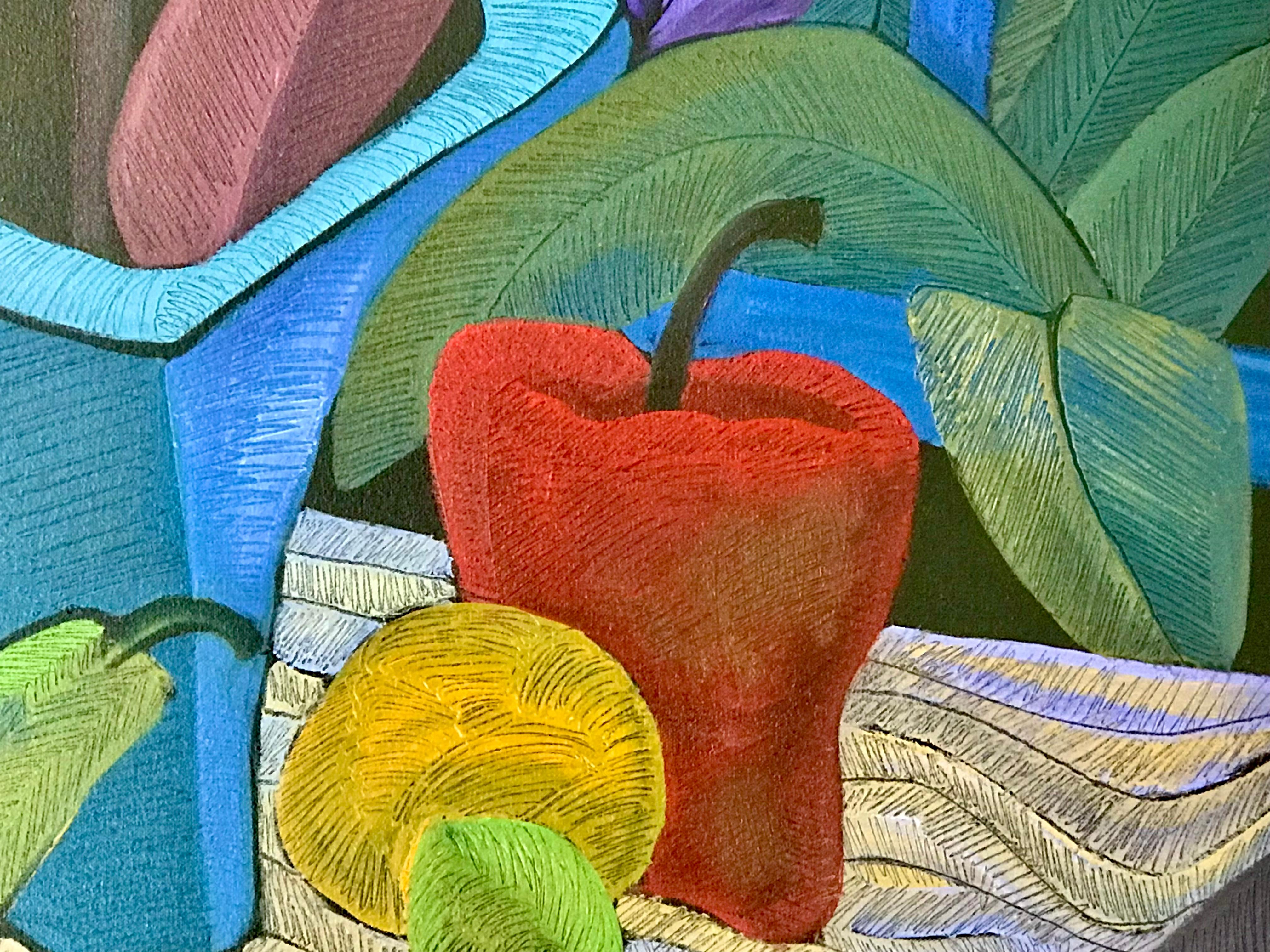 Stillife with a vase with bold flowers, fruit and a purple jug all highly textured. Behind growing through the window are wild plants The red apple matches the chair giving a strong contrast to the greens.

Still life with Aggressive Jungle Still