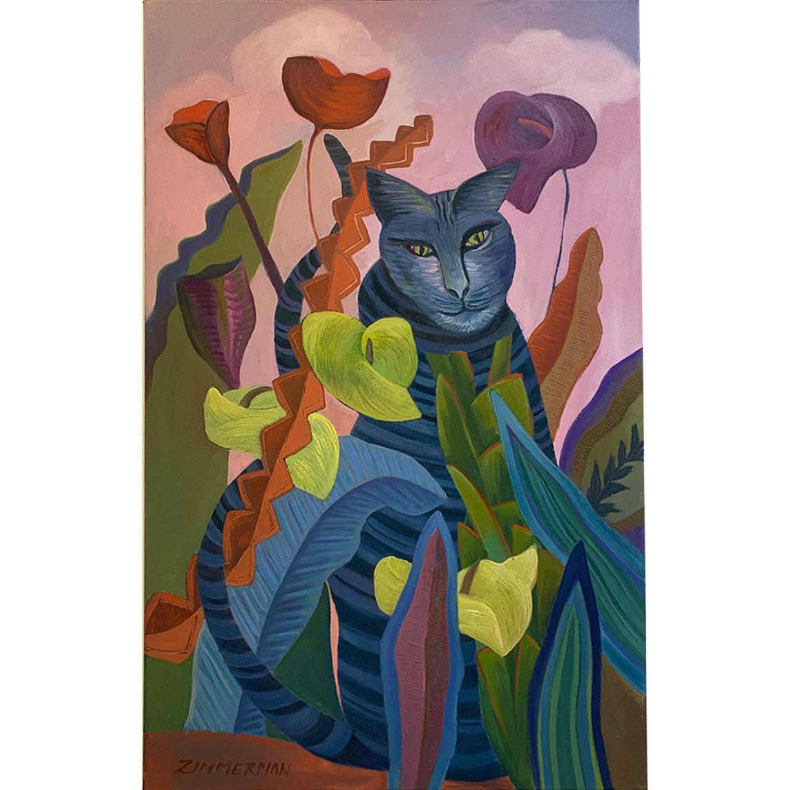 Jungle with creative license of tangled growth and bright flowers and peaking out from the foliage is a strange hybrid of jungle cat. Playful and somewhat surreal.

Jungle Creature - Animal Paintings - Oil on Canvas By Marc Zimmerman

This