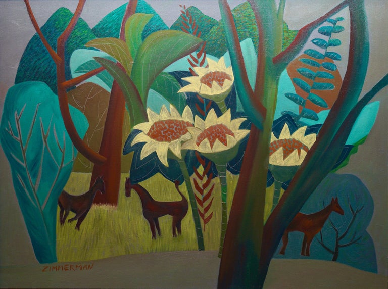 Marc Zimmerman Sunflowers And Horses Animal Painting Oil On