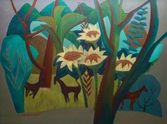 Peinture - Huile sur toile - Tournesols et chevaux - par Marc Zimmerman