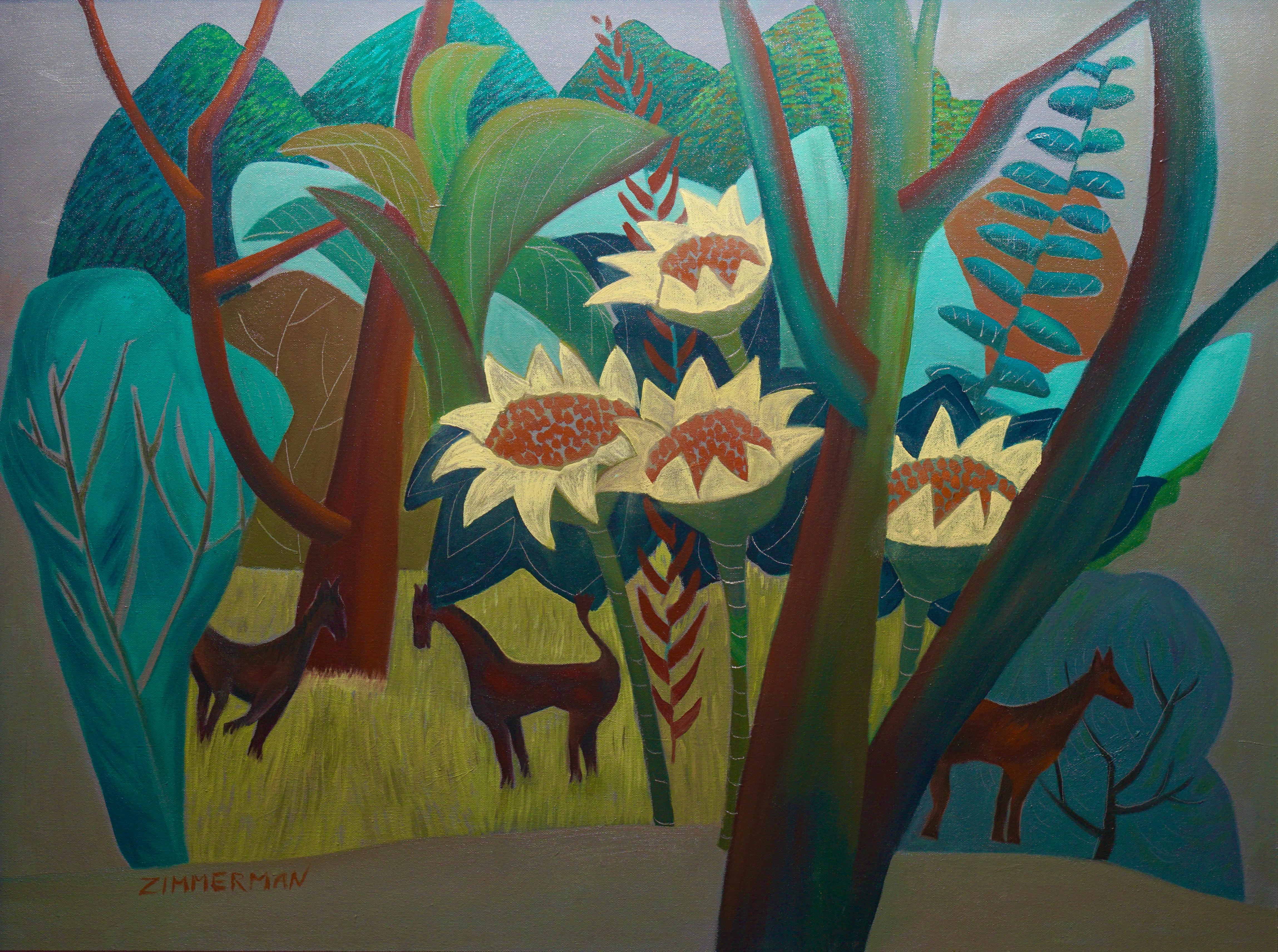 I cavalli pascolano in una serie colorata di fogliame esotico con fiori di grandi dimensioni, creando una scena fantastica e irreale.

Girasoli e cavalli - Pittura di animali - Olio su tela di Marc Zimmerman

Marc Zimmerman crea dipinti giocosi, che