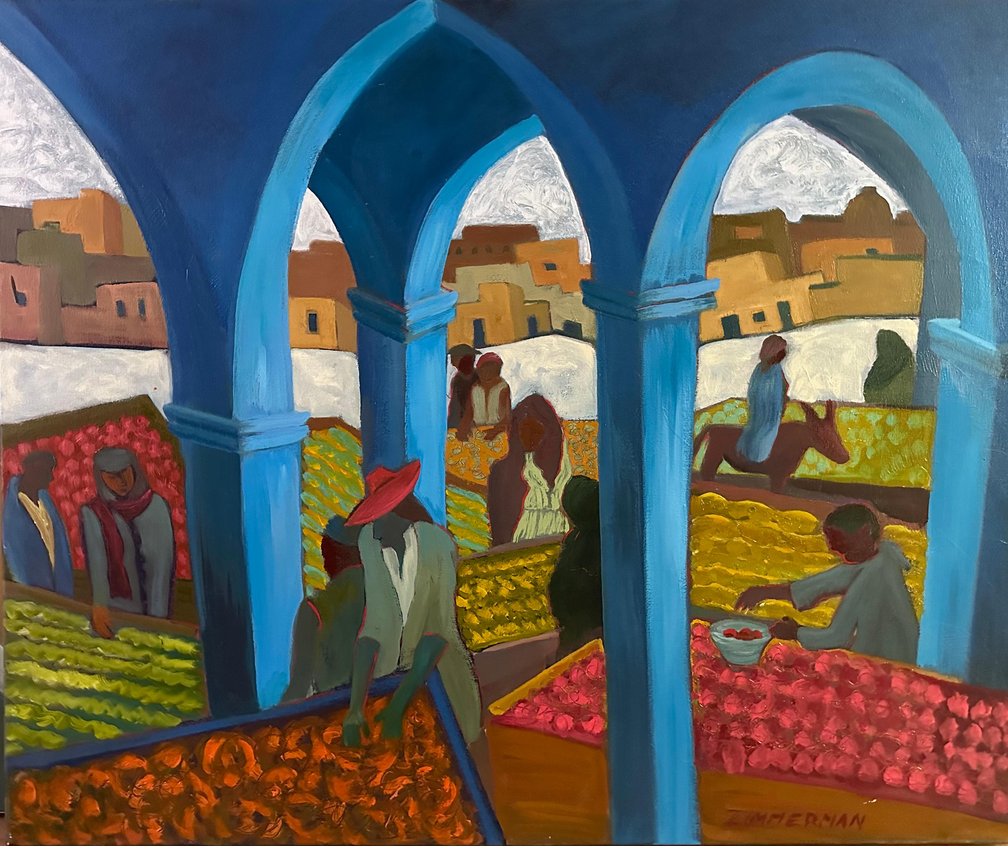 The universal farmers market is bustling with action. Geometric stalls with intense color coupled with contrasting blue arches creates the dynamism in this work of art.

The Market #2 - Figurative Painting - American Modern Art By Marc