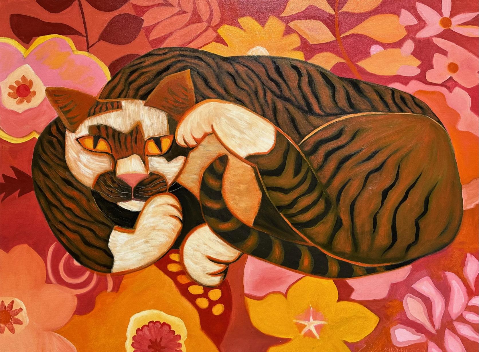 Tom" ist ein fröhliches und lebhaftes Gemälde, das die verspielte und neugierige Natur von Katzen in einer schönen Umgebung einfängt.

Die leuchtenden und kräftigen Farben der Blumen und der Katze können jedem Raum mehr Energie und Verspieltheit