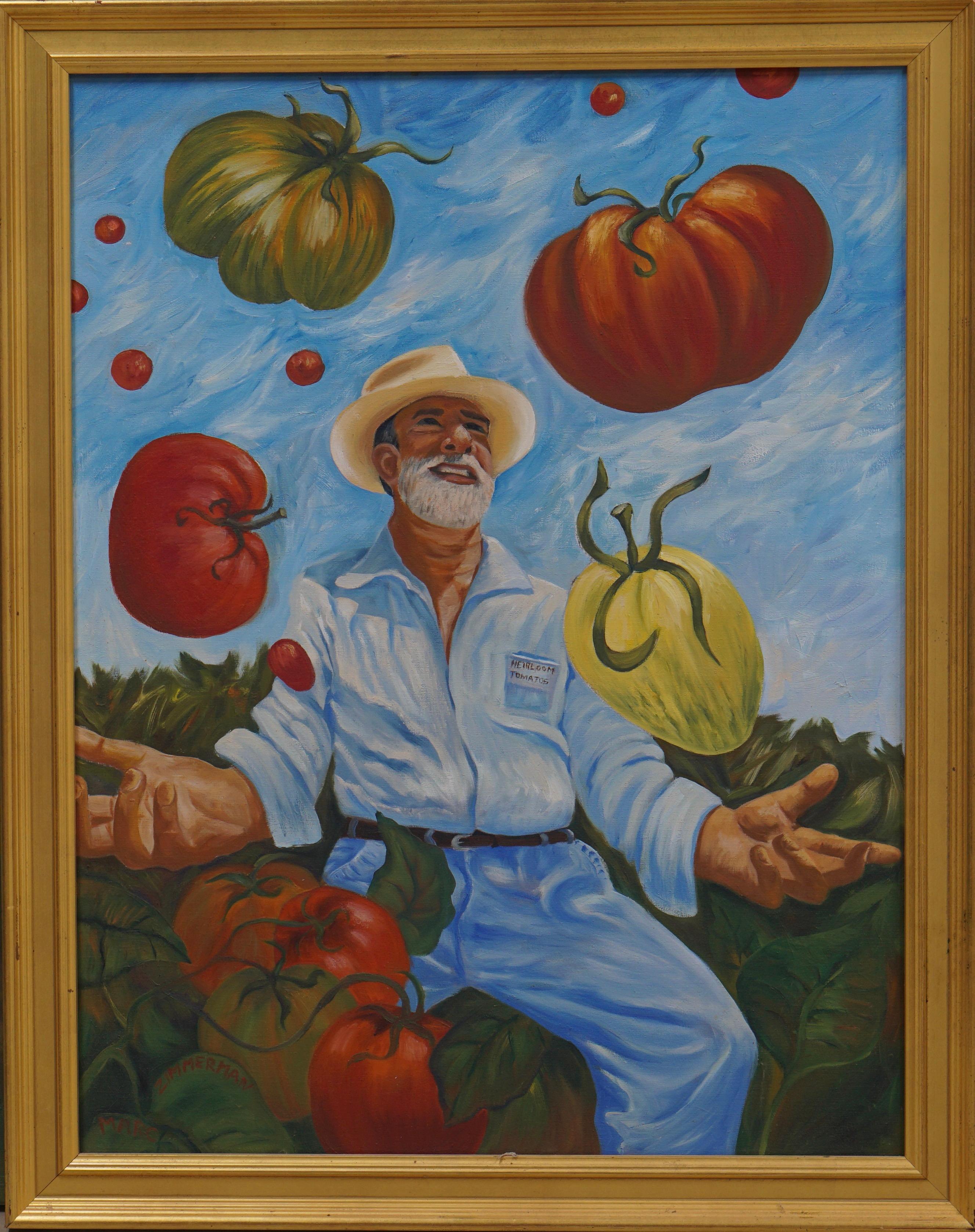 No one could successfully juggle tomatoes except for Gary, one of the founders of heirloom tomatoes. His joy is unbounded here as he miraculously plays with his food. (The artist admits to taking a little artist licence in this painting.)

Tomato