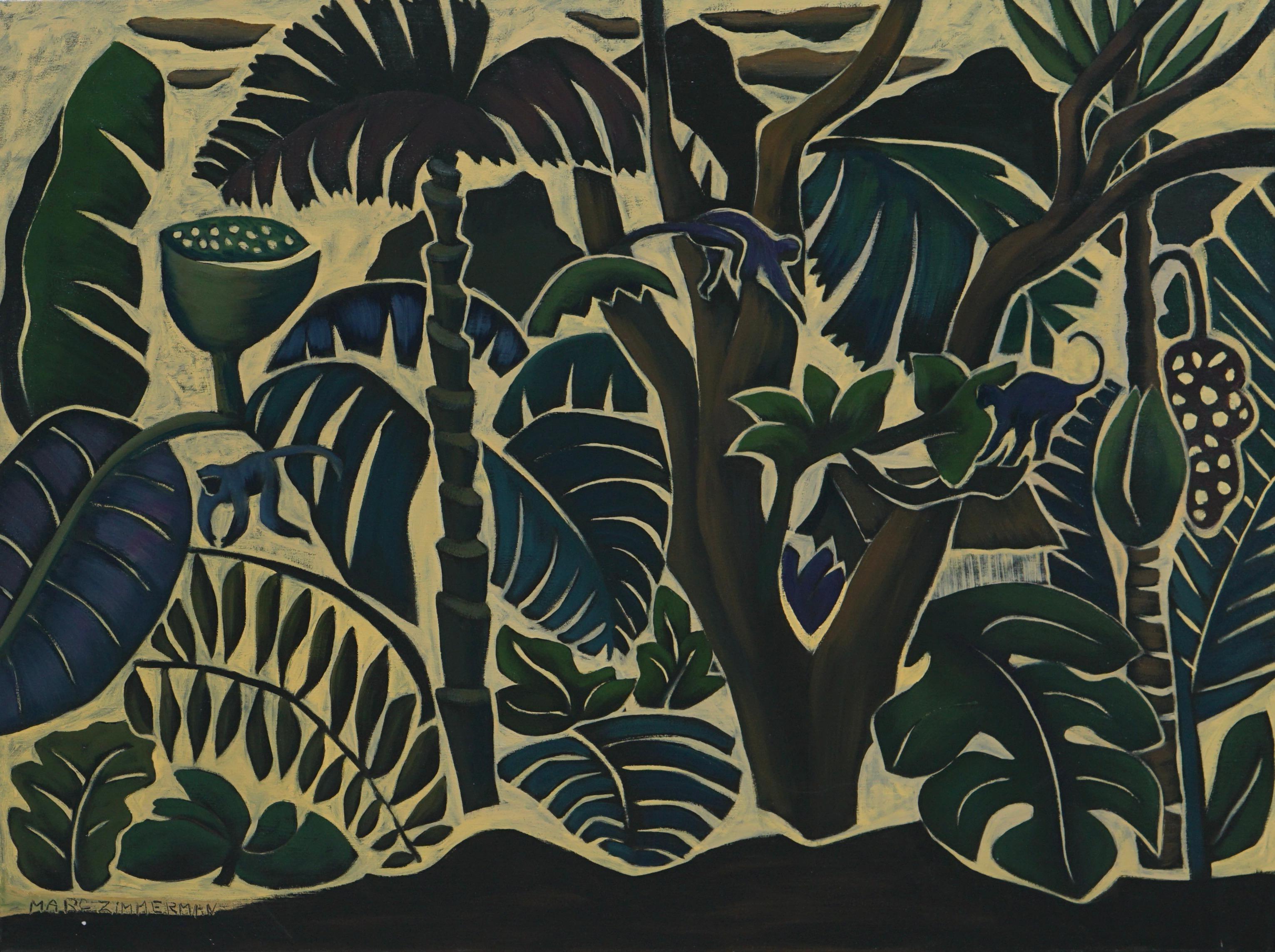 Spreading palms and ferns, trees and leaves all arranged in a woodcut style in this tropical jungle setting.

Tonal Jungle -  Landscape Paintings - Modern Art By Marc Zimmerman

This masterpiece is exhibited in the Zimmerman Gallery, Carmel CA.

The