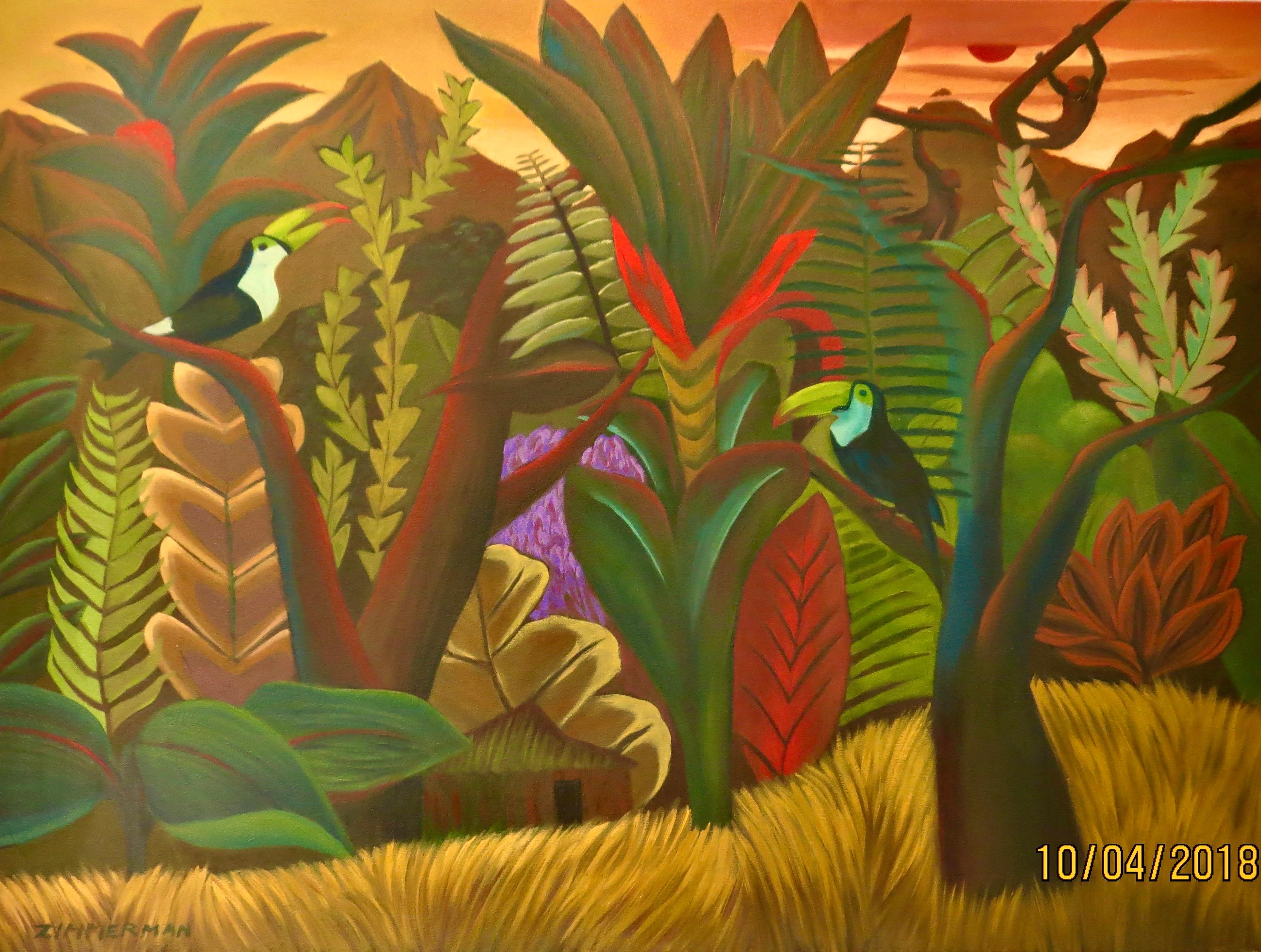 A variety of colorful and surreal plants weave amongst each other. They harmoniously rise in this fantasy jungle as toucans accent the tropical scene.

Toucans in the Jungle - Landscape Painting - Oil on Canvas By Marc Zimmerman


Marc Zimmerman