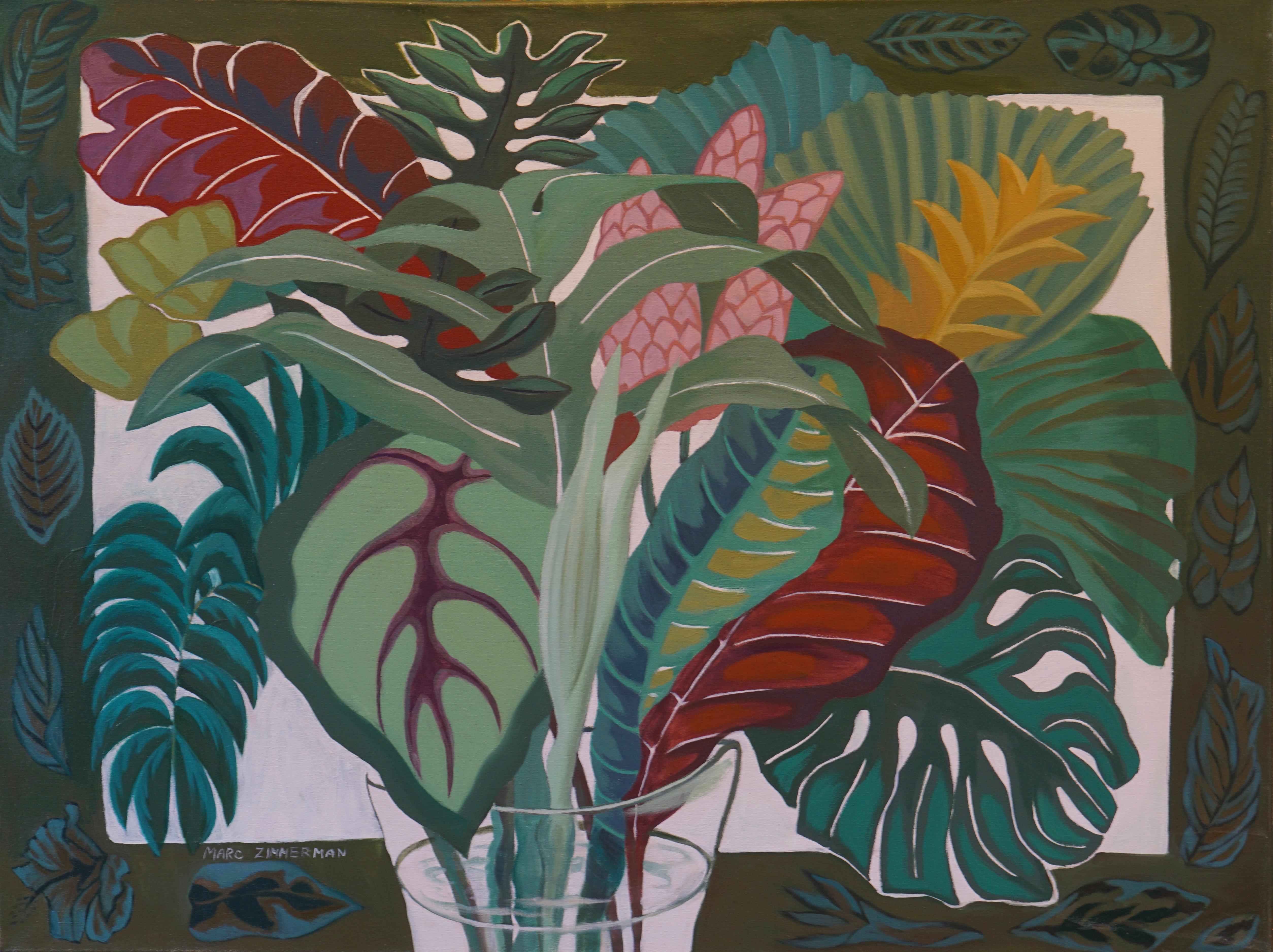 Tropische Blätter werden in all ihren prächtigen Formen und Mustern in einem farbenfrohen Geflecht hervorgehoben, das von einem hawaiianischen Motiv eingerahmt wird.

Tropischer Blumenstrauß - Interieur Malerei - Öl auf Leinwand von Marc