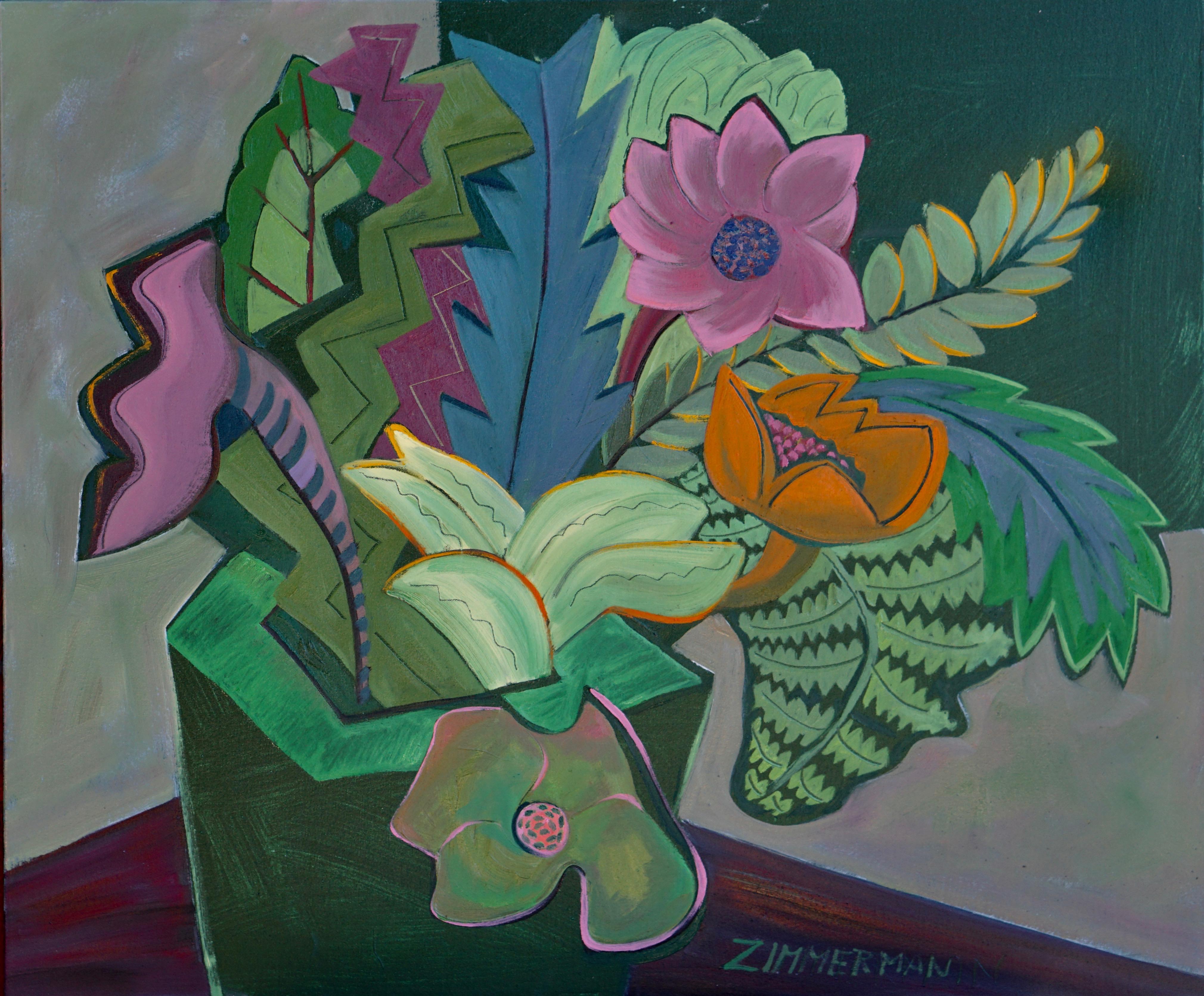 A painting of abundant abstract florals is inventive and colorful bringing a verdant jungle to the viewer.

Tropical Fantasy #7 - Still-life Painting - Oil Paint By Marc Zimmerman

This masterpiece is exhibited in the Zimmerman Gallery, Carmel
