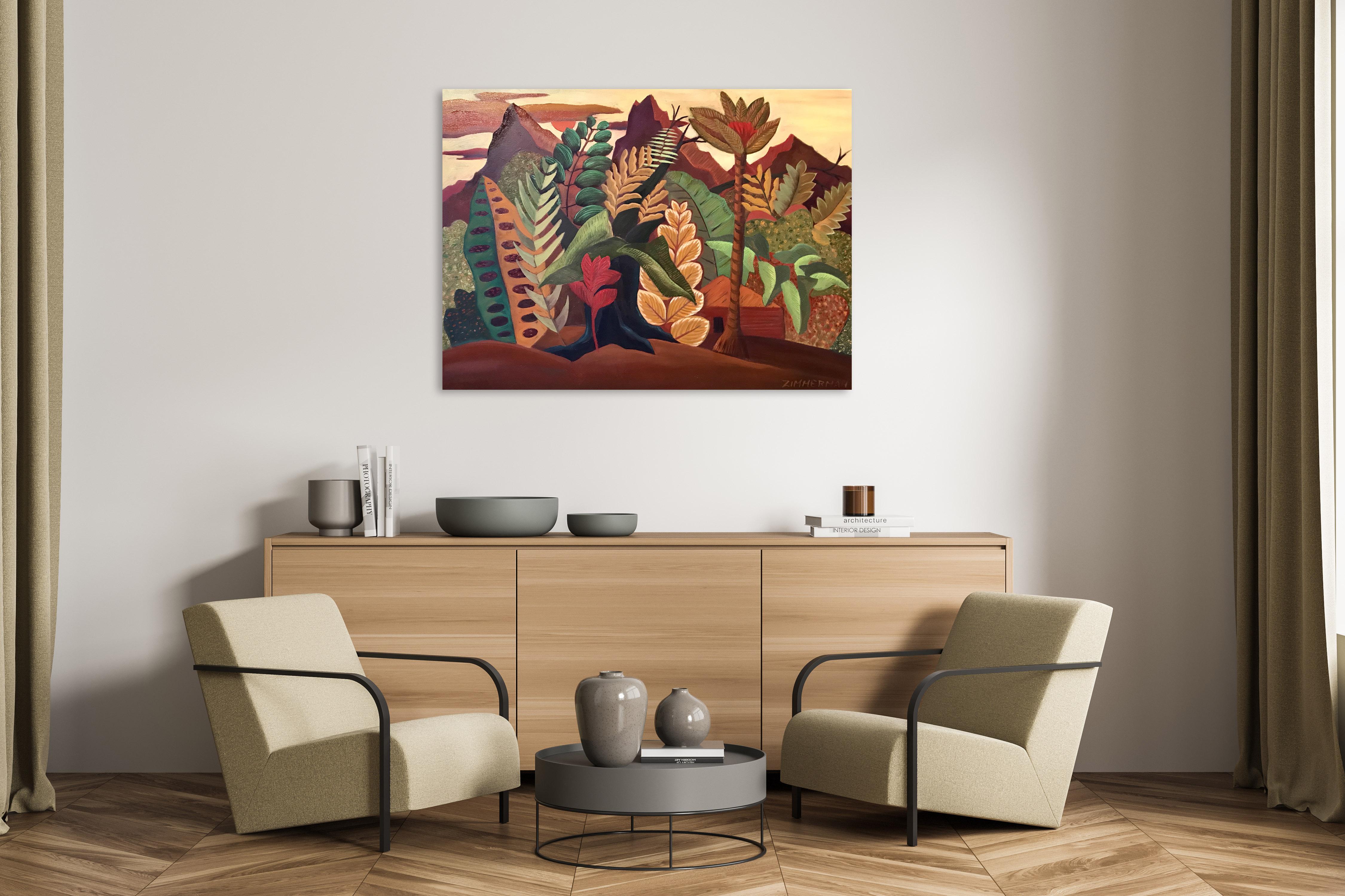 Tropical Getaway - Jungle Painting - Landscape Nature Art by Marc - Brown Landscape Painting by Marc Zimmerman