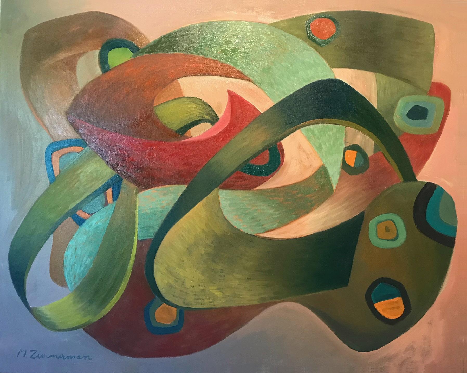 Unwind Unfolds - Red & Green Abstract Painting by Marc

This masterpiece is exhibited in the Zimmerman Gallery, Carmel CA.

Marc Zimmerman creates playful paintings, whether deep mysterious jungle or delightfully whimsical florals. His color palette